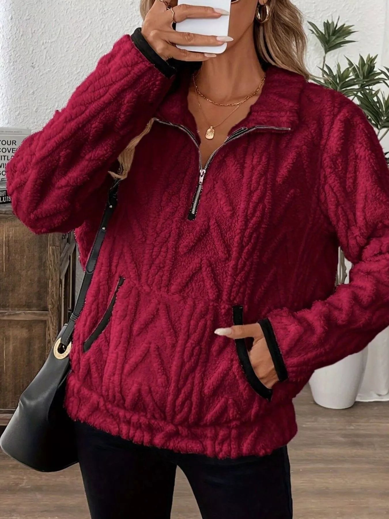 Full Size Half Zip Kangaroo Pocket Sweatshirt Plus Size designed for comfort and style at Lookzlike
