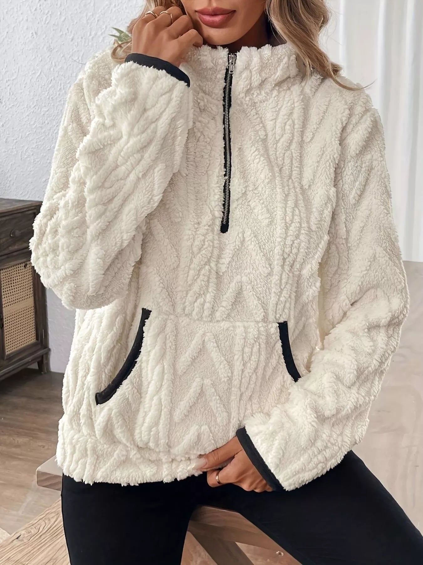 Full Size Half Zip Kangaroo Pocket Sweatshirt Plus Size designed for comfort and style at Lookzlike