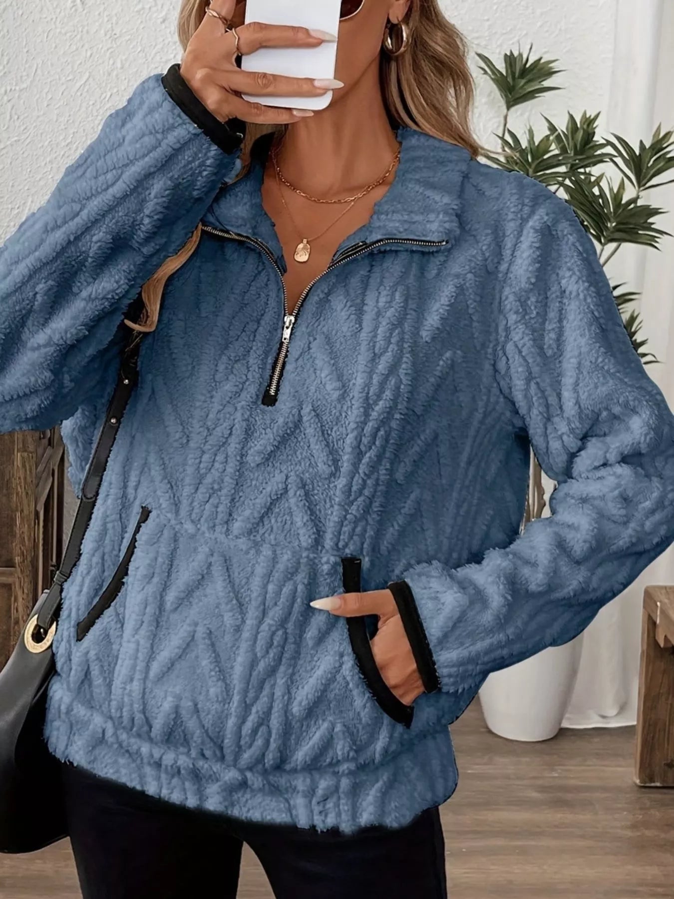 Full Size Half Zip Kangaroo Pocket Sweatshirt Plus Size designed for comfort and style at Lookzlike