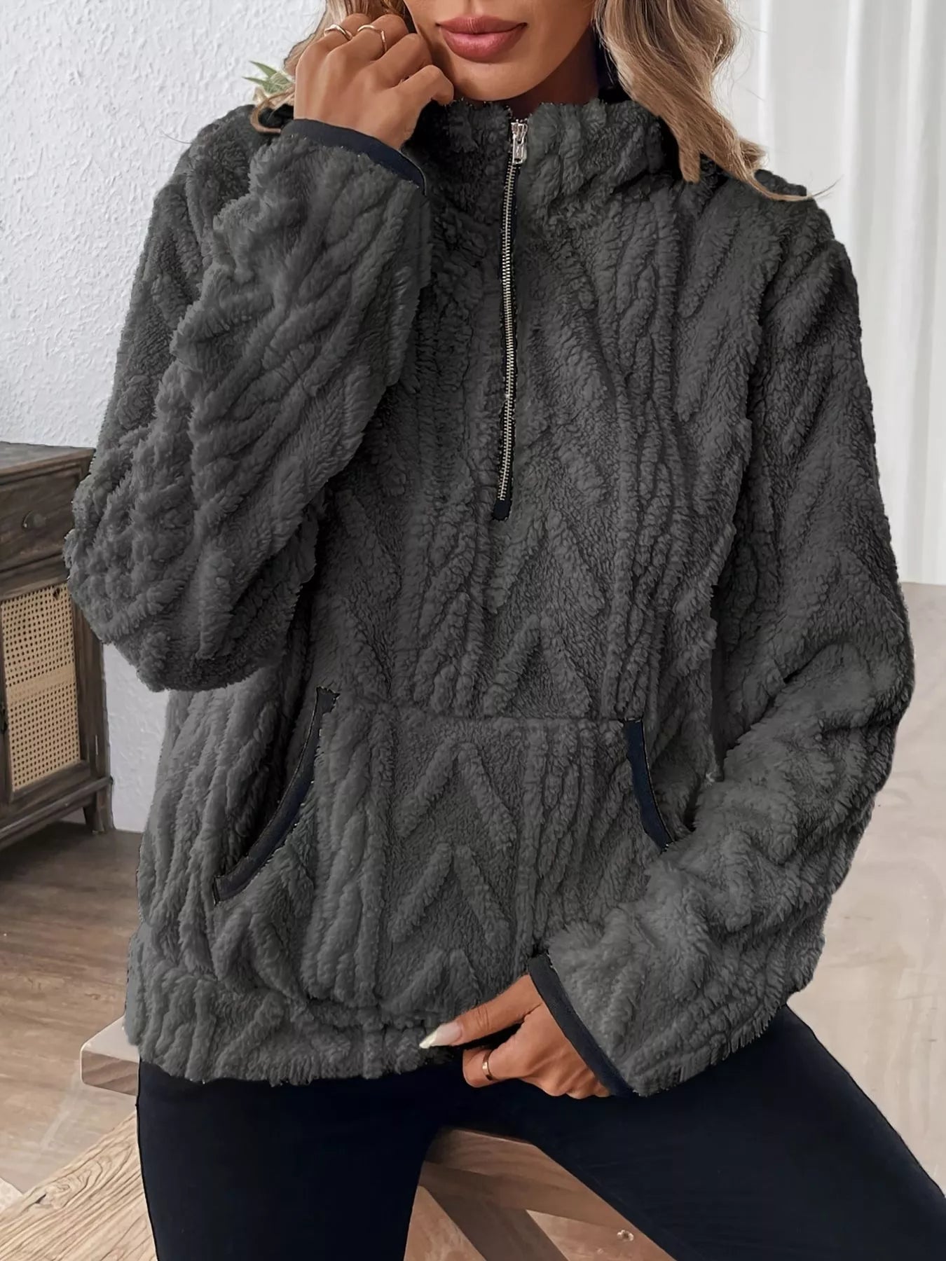 Full Size Half Zip Kangaroo Pocket Sweatshirt Plus Size designed for comfort and style at Lookzlike
