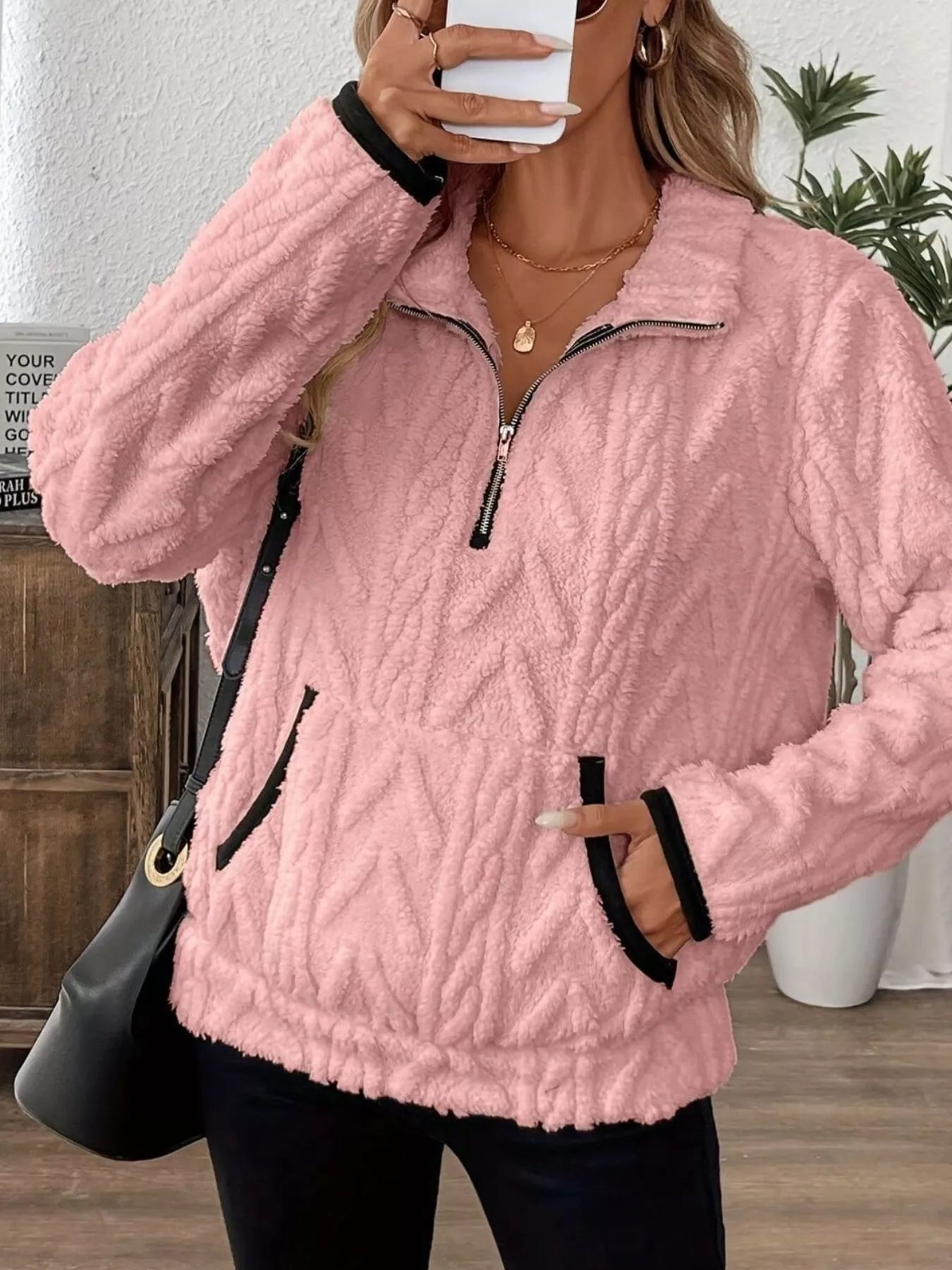 Full Size Half Zip Kangaroo Pocket Sweatshirt Plus Size designed for comfort and style at Lookzlike