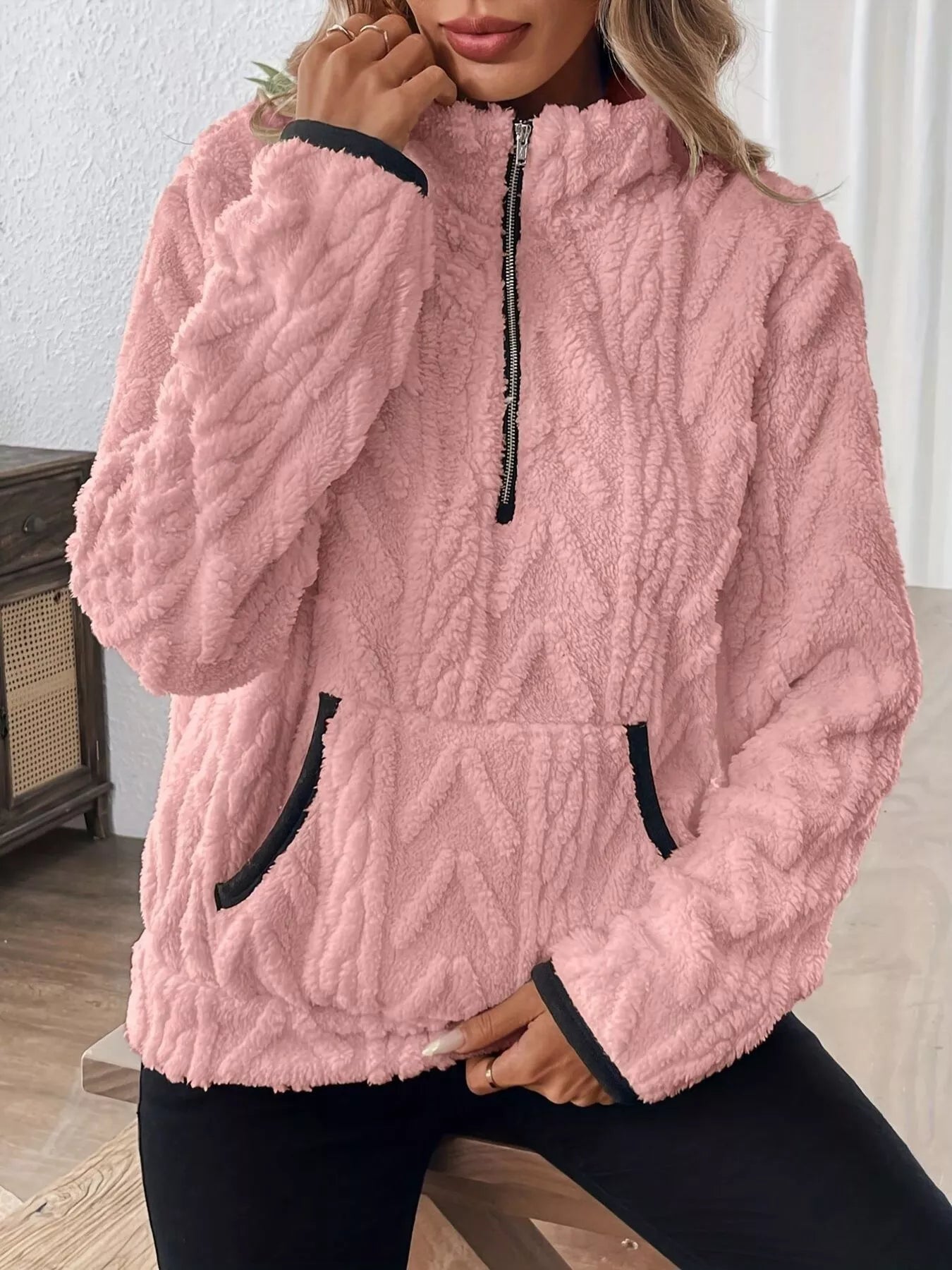 Full Size Half Zip Kangaroo Pocket Sweatshirt Plus Size designed for comfort and style at Lookzlike