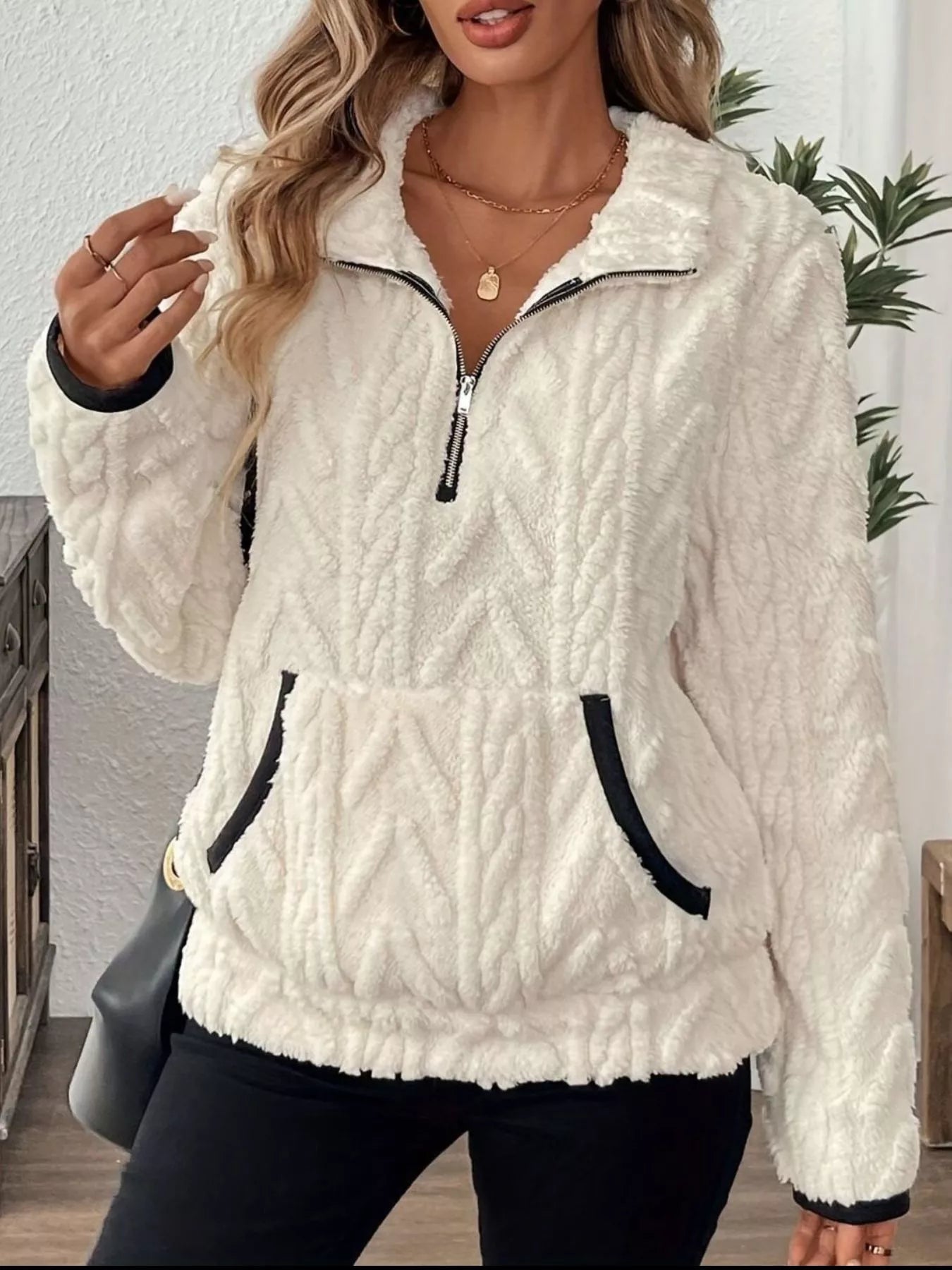 Full Size Half Zip Kangaroo Pocket Sweatshirt Plus Size designed for comfort and style at Lookzlike