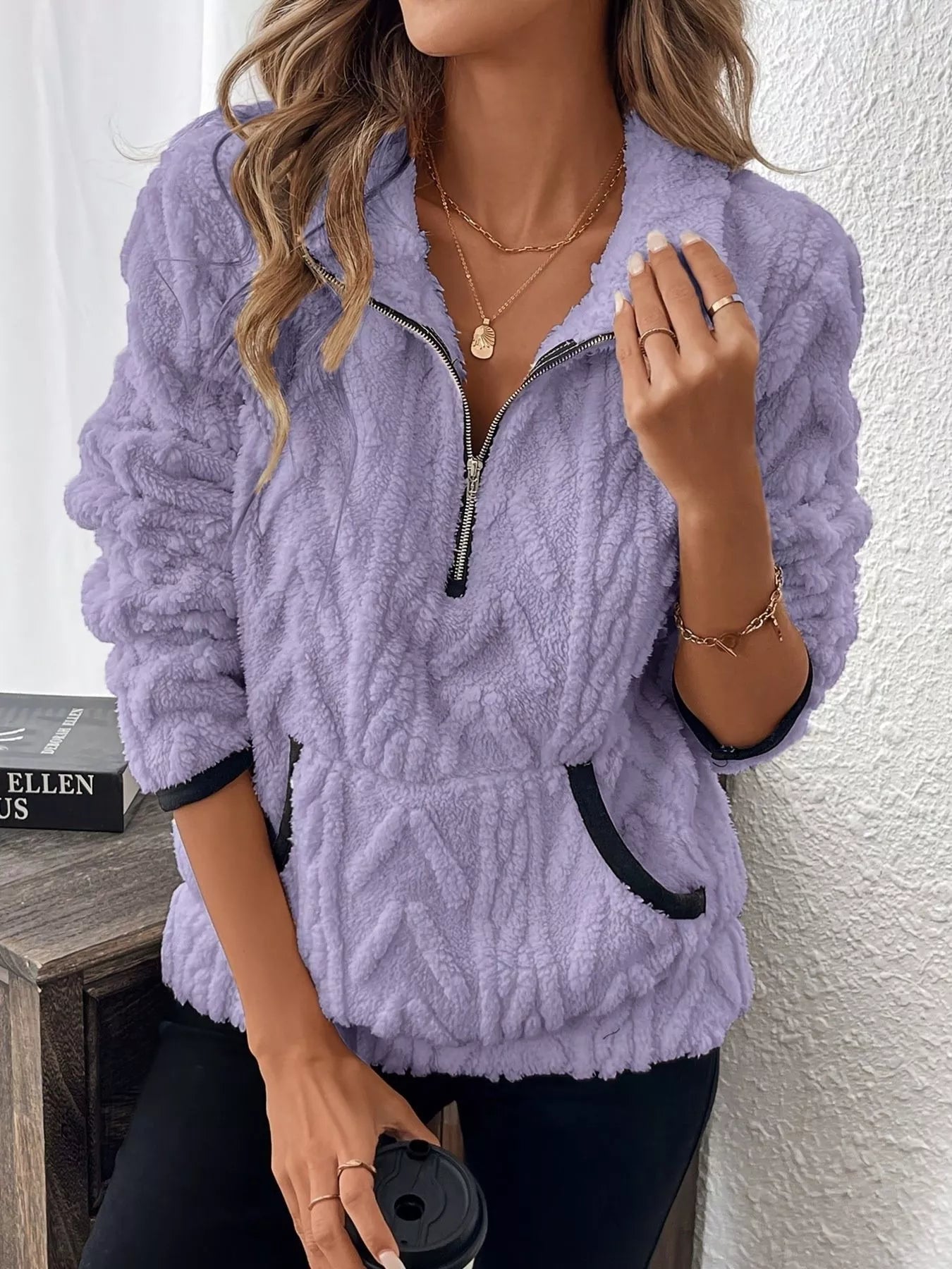 Full Size Half Zip Kangaroo Pocket Sweatshirt Plus Size designed for comfort and style at Lookzlike