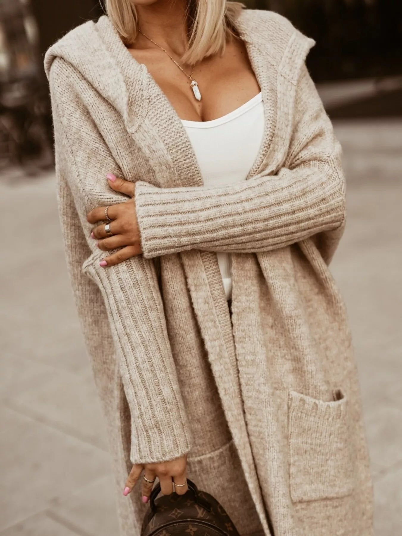 Full Size Hooded Knit Open Front Cardigan Plus Size designed for comfort and style at Lookzlike