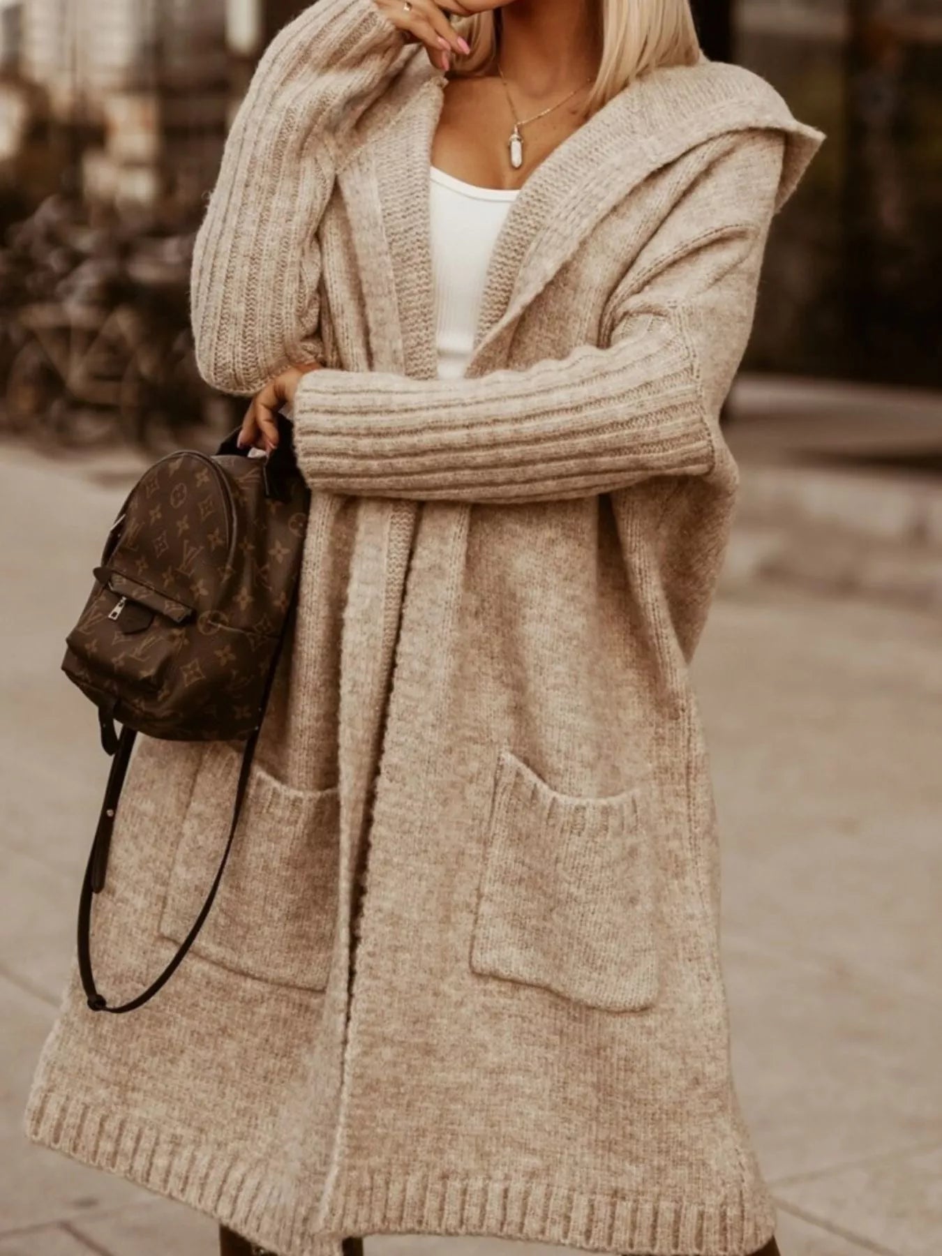 Full Size Hooded Knit Open Front Cardigan Plus Size designed for comfort and style at Lookzlike