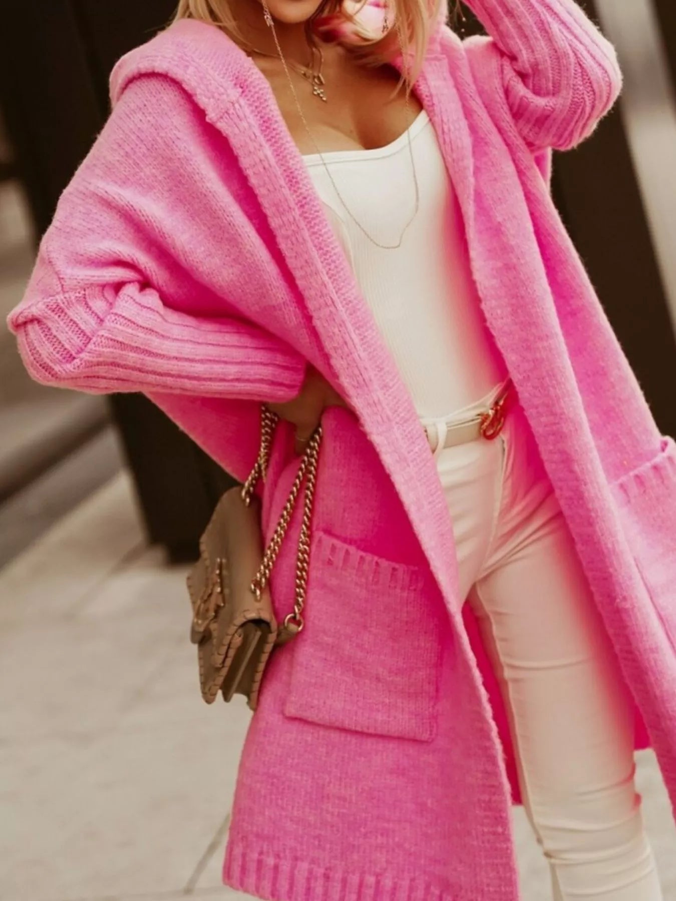 Full Size Hooded Knit Open Front Cardigan Plus Size designed for comfort and style at Lookzlike