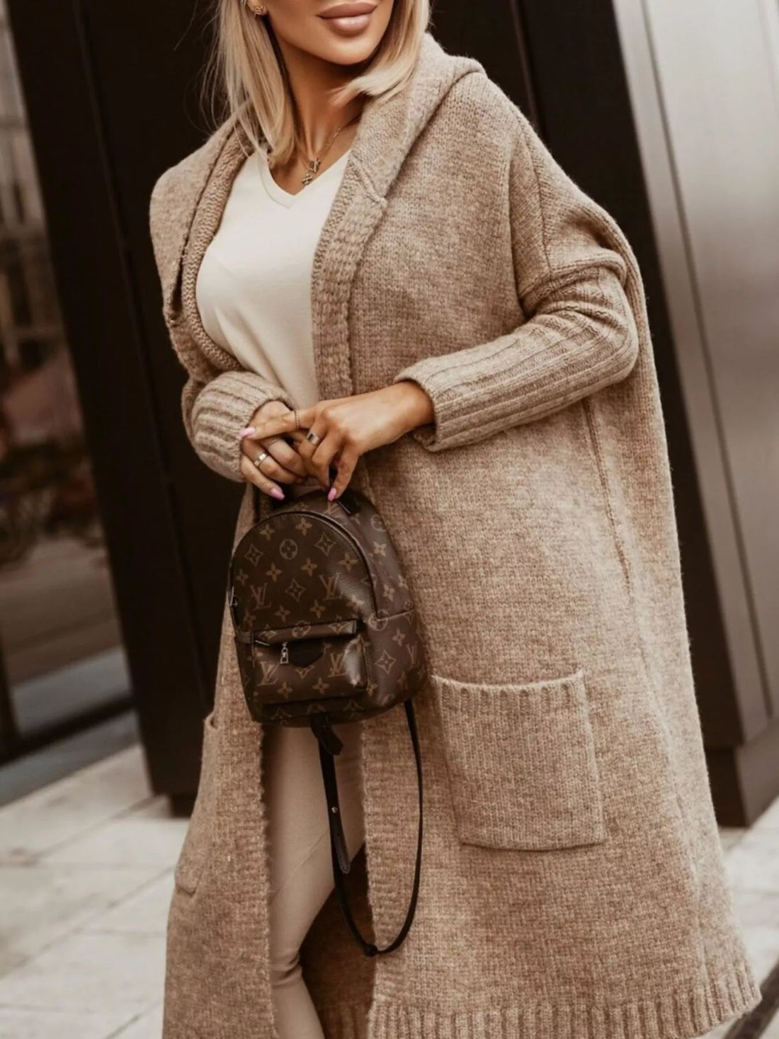 Full Size Hooded Knit Open Front Cardigan Plus Size designed for comfort and style at Lookzlike