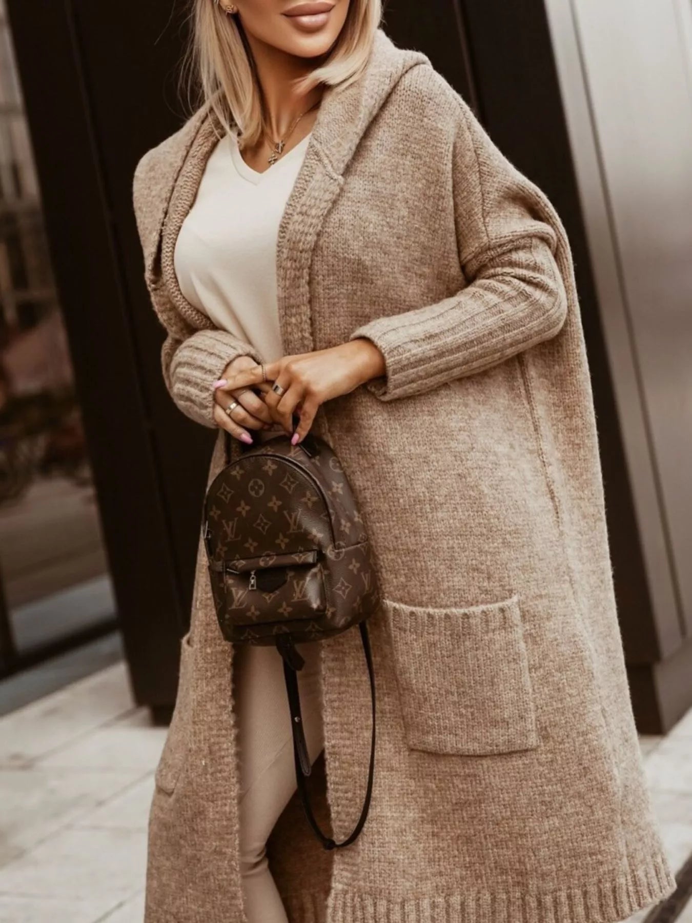 Full Size Hooded Knit Open Front Cardigan Plus Size designed for comfort and style at Lookzlike