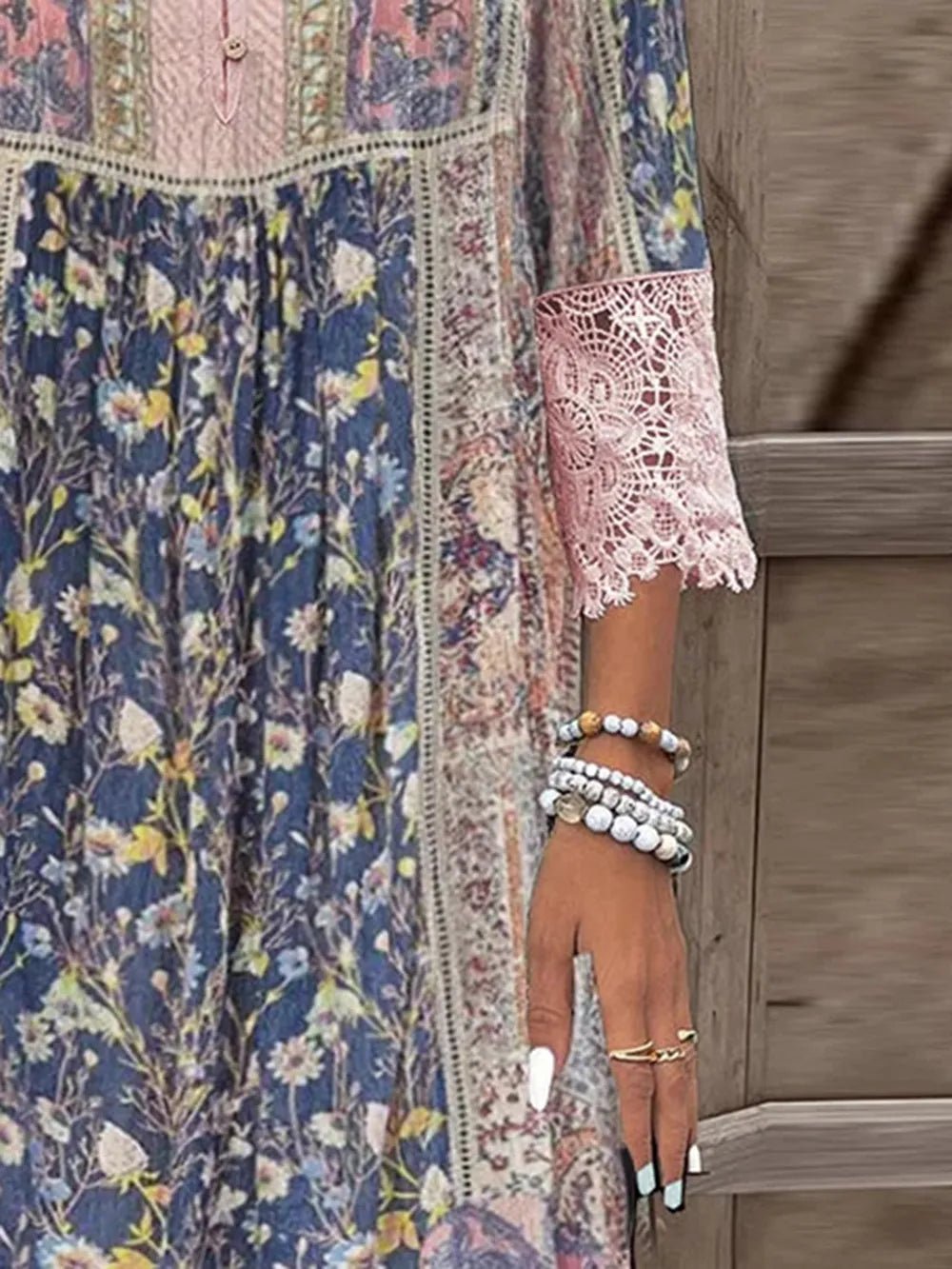 Full Size Lace Detail Printed Three-Quarter Sleeve Dress - Lookzlike