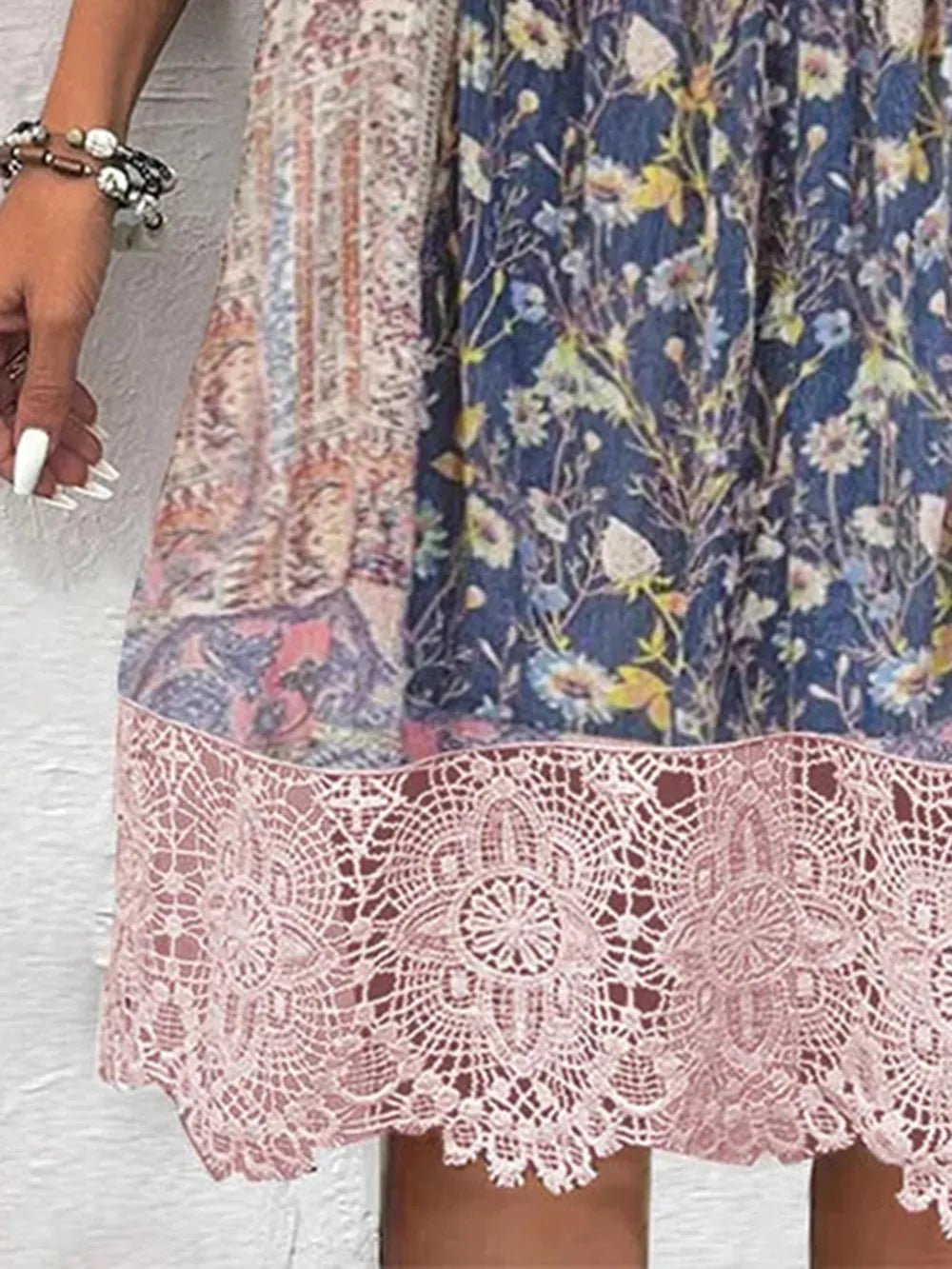 Full Size Lace Detail Printed Three-Quarter Sleeve Dress - Lookzlike