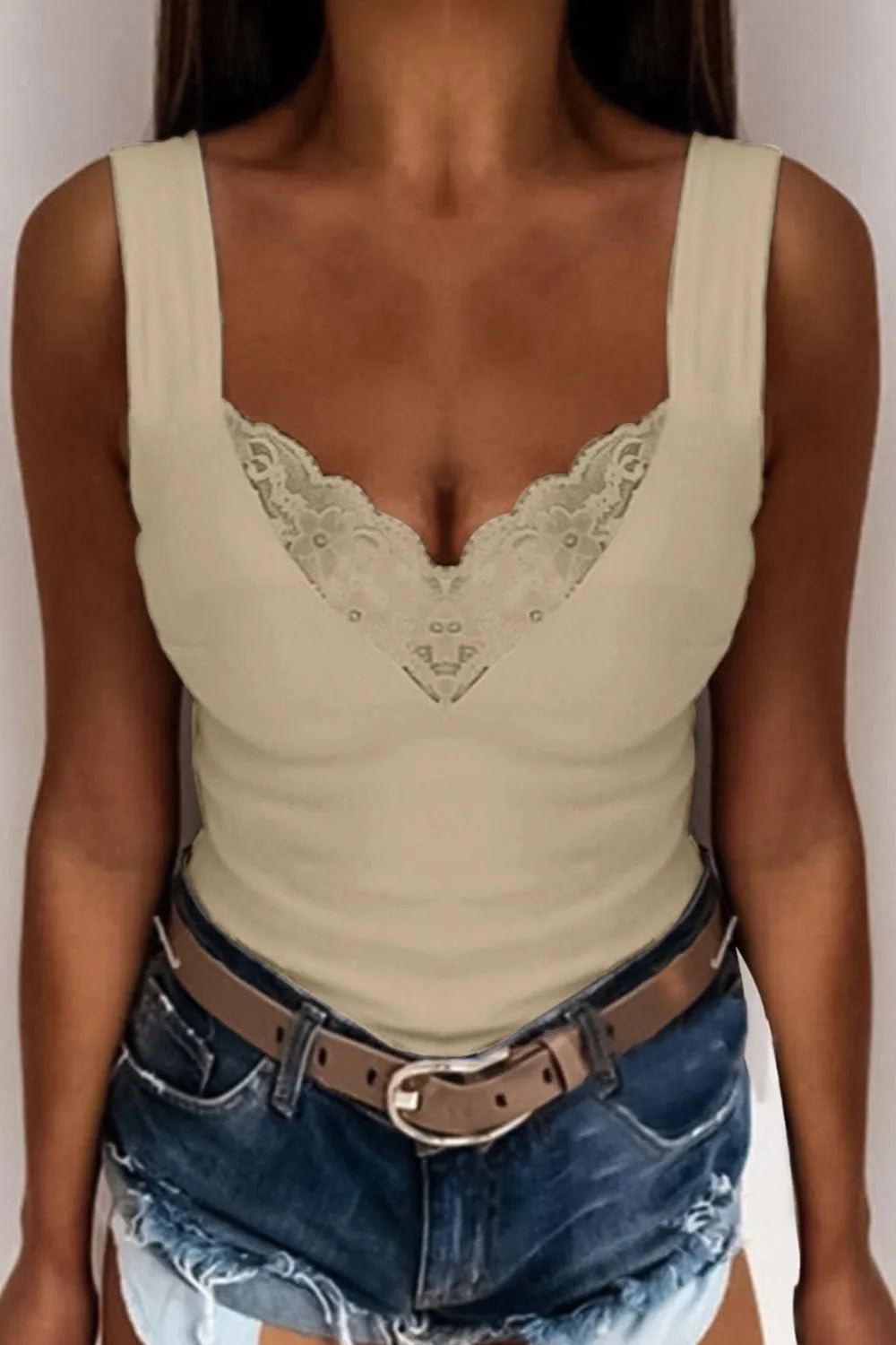 Full Size Lace Detail V - Neck Tank Plus Size designed for comfort and style at Lookzlike