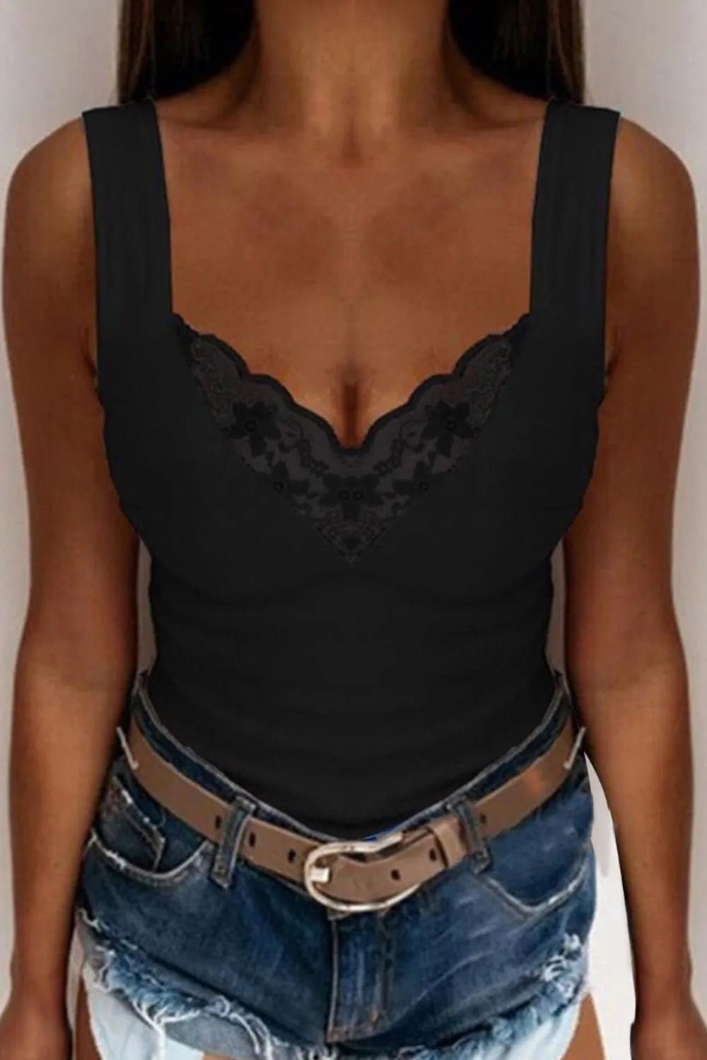 Full Size Lace Detail V - Neck Tank Plus Size designed for comfort and style at Lookzlike