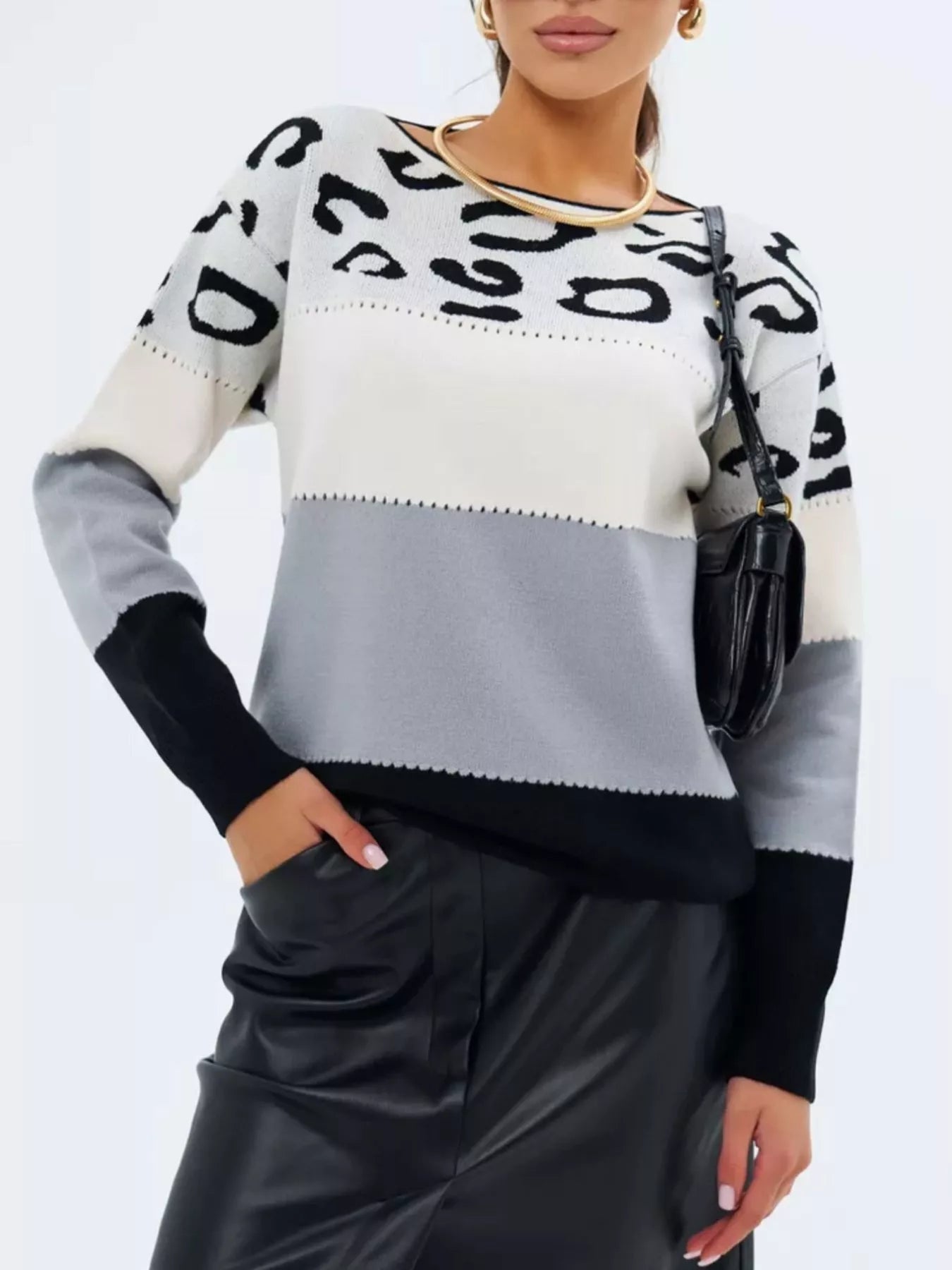 Full Size Leopard Color Block Long Sleeve Sweater Plus Size designed for comfort and style at Lookzlike