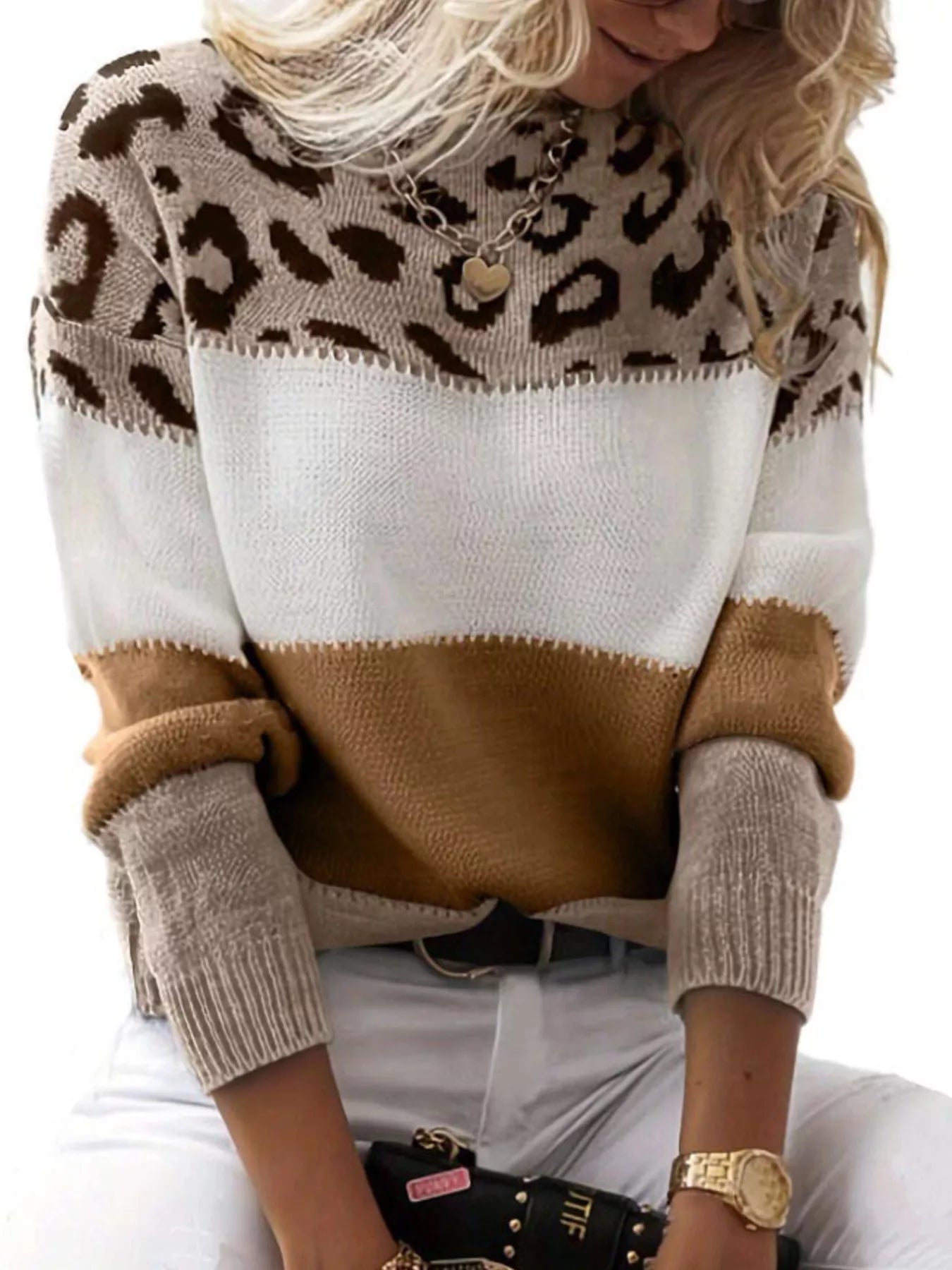 Full Size Leopard Color Block Long Sleeve Sweater Plus Size designed for comfort and style at Lookzlike