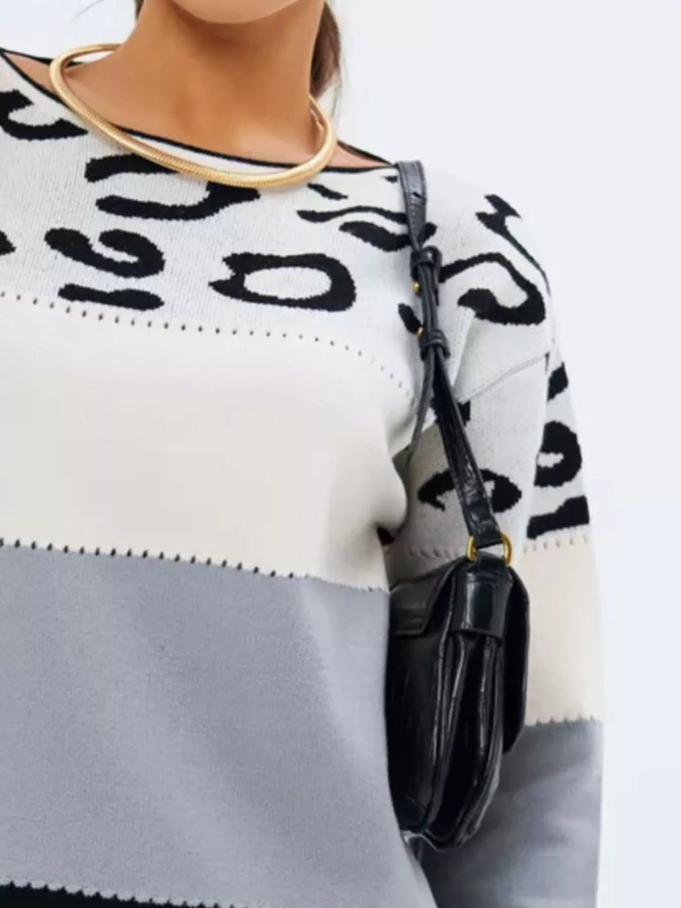 Full Size Leopard Color Block Long Sleeve Sweater Plus Size designed for comfort and style at Lookzlike