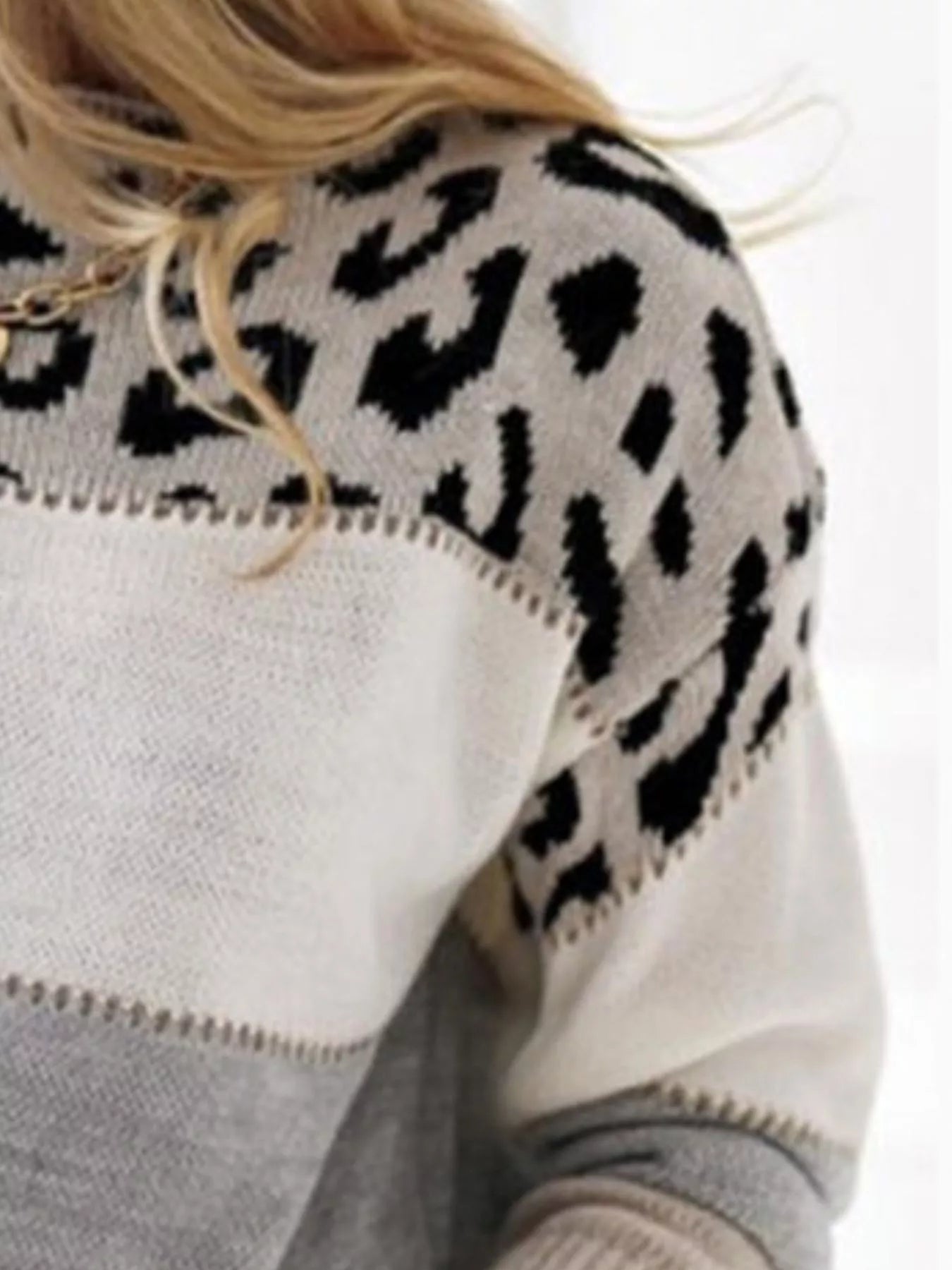 Full Size Leopard Color Block Long Sleeve Sweater Plus Size designed for comfort and style at Lookzlike
