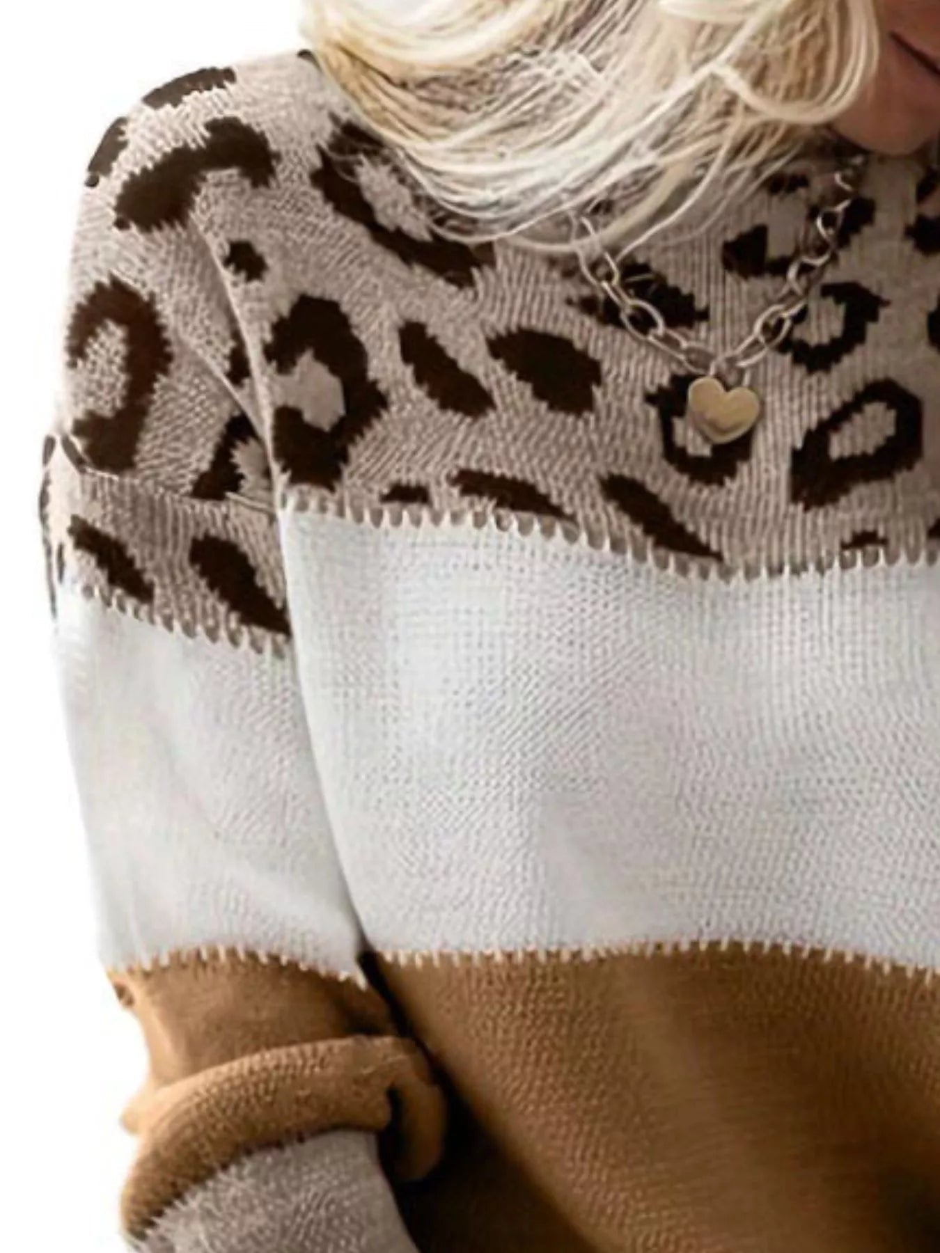 Full Size Leopard Color Block Long Sleeve Sweater Plus Size designed for comfort and style at Lookzlike