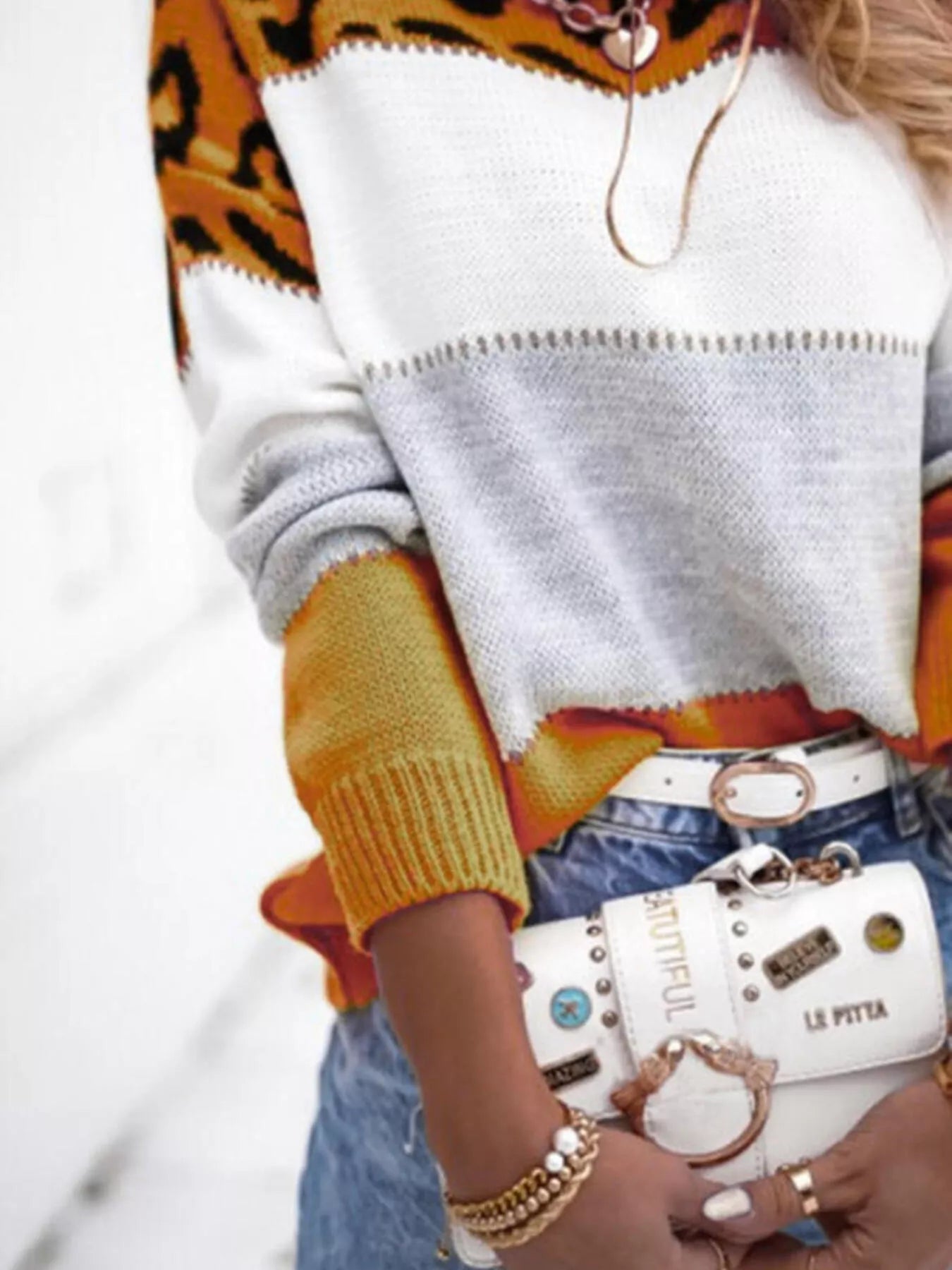 Full Size Leopard Color Block Long Sleeve Sweater Plus Size designed for comfort and style at Lookzlike