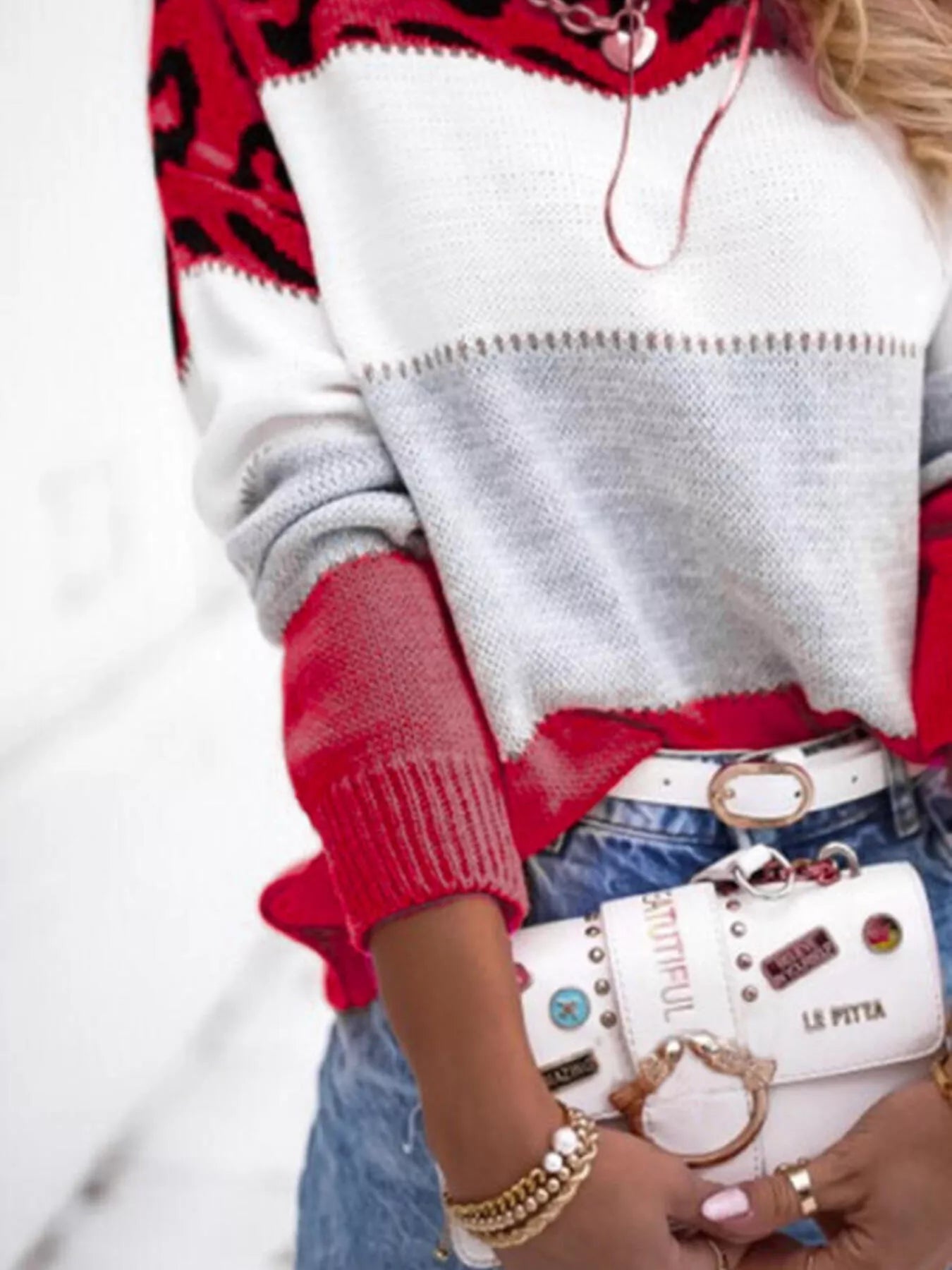 Full Size Leopard Color Block Long Sleeve Sweater Plus Size designed for comfort and style at Lookzlike