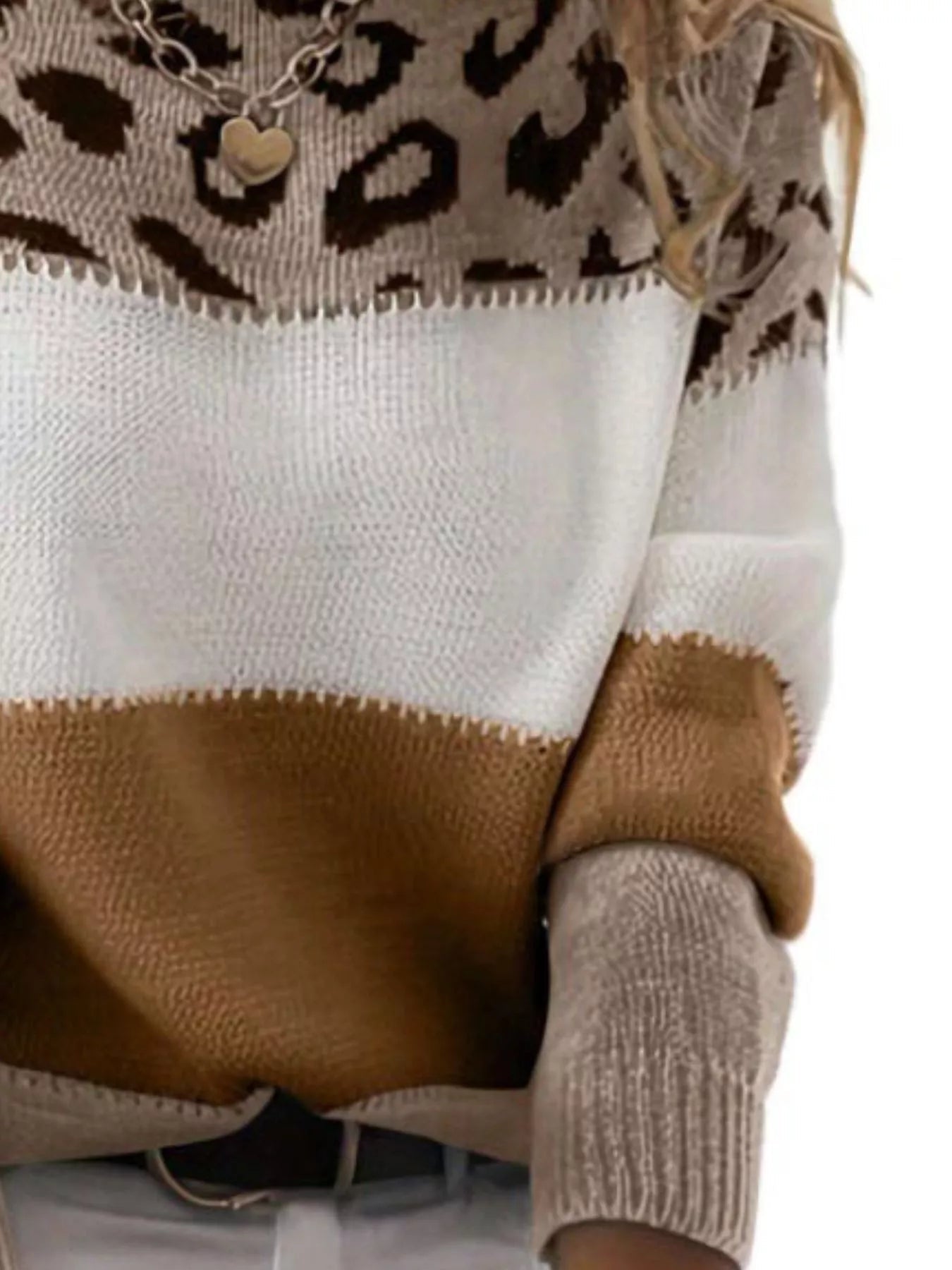 Full Size Leopard Color Block Long Sleeve Sweater Plus Size designed for comfort and style at Lookzlike