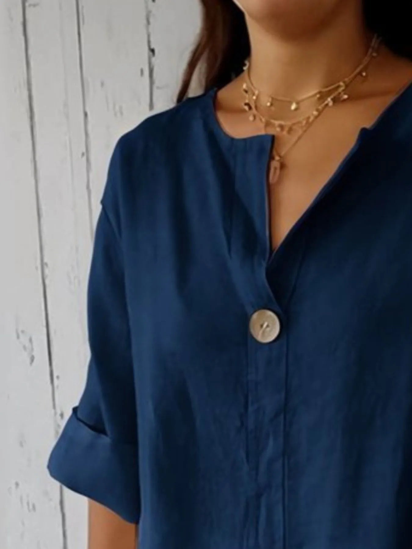 Full Size Linen Blend Notched Blouse Plus Size - Lookzlike