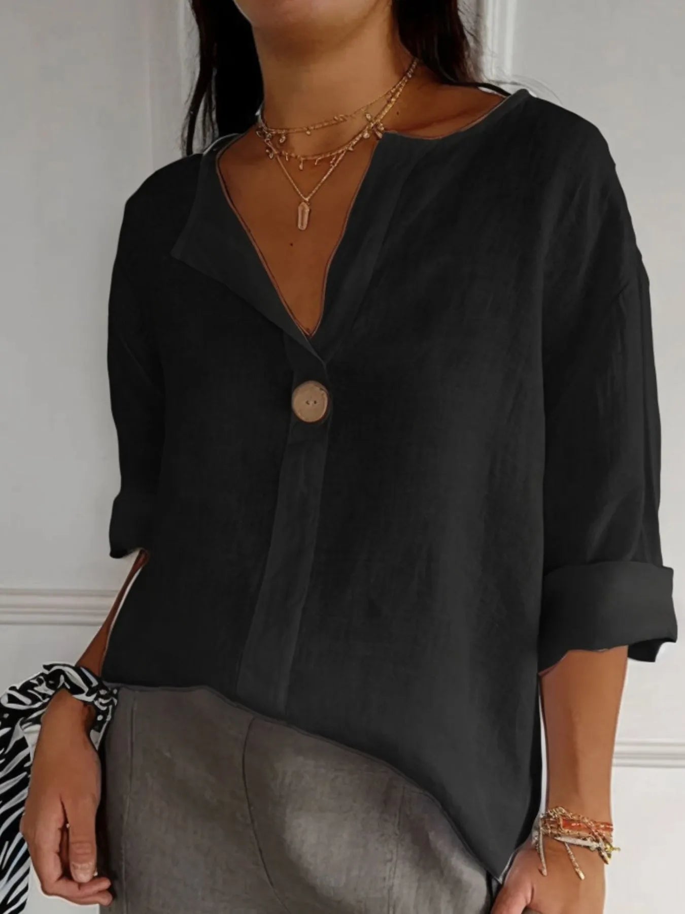 Full Size Linen Blend Notched Blouse Plus Size - Lookzlike