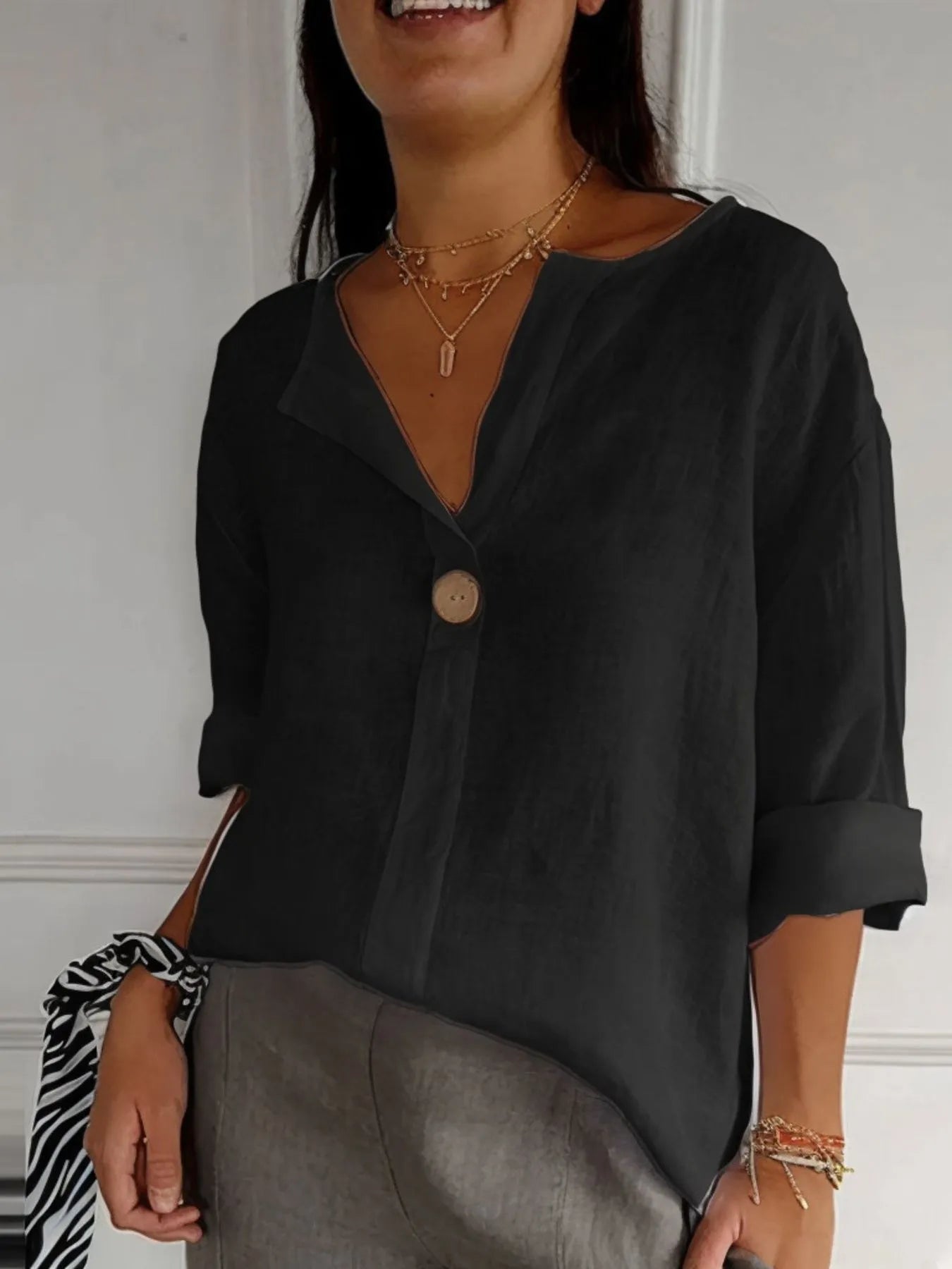 Full Size Linen Blend Notched Blouse Plus Size - Lookzlike