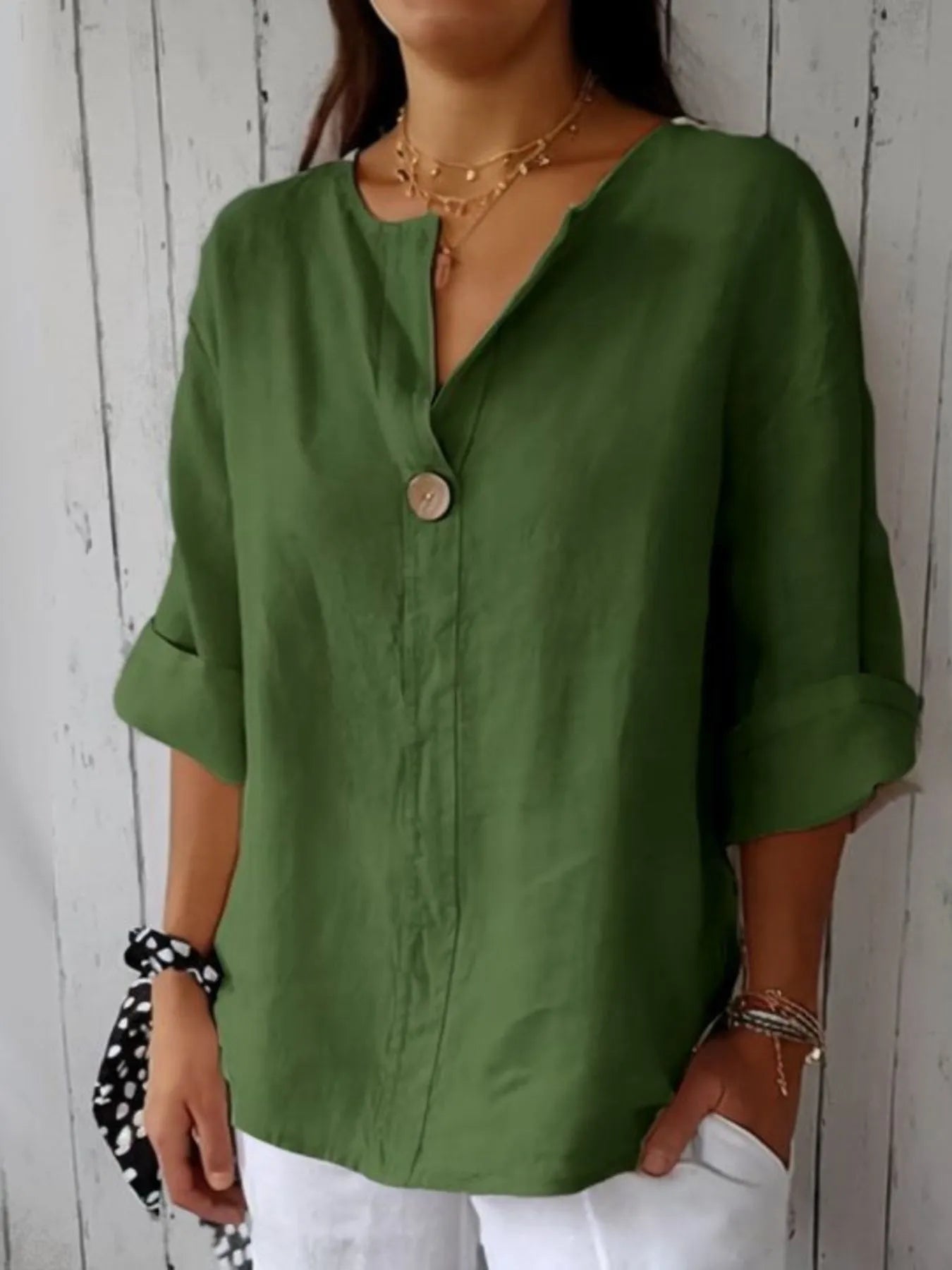 Full Size Linen Blend Notched Blouse Plus Size - Lookzlike