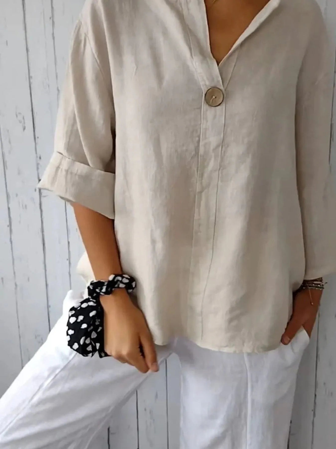 Full Size Linen Blend Notched Blouse Plus Size - Lookzlike