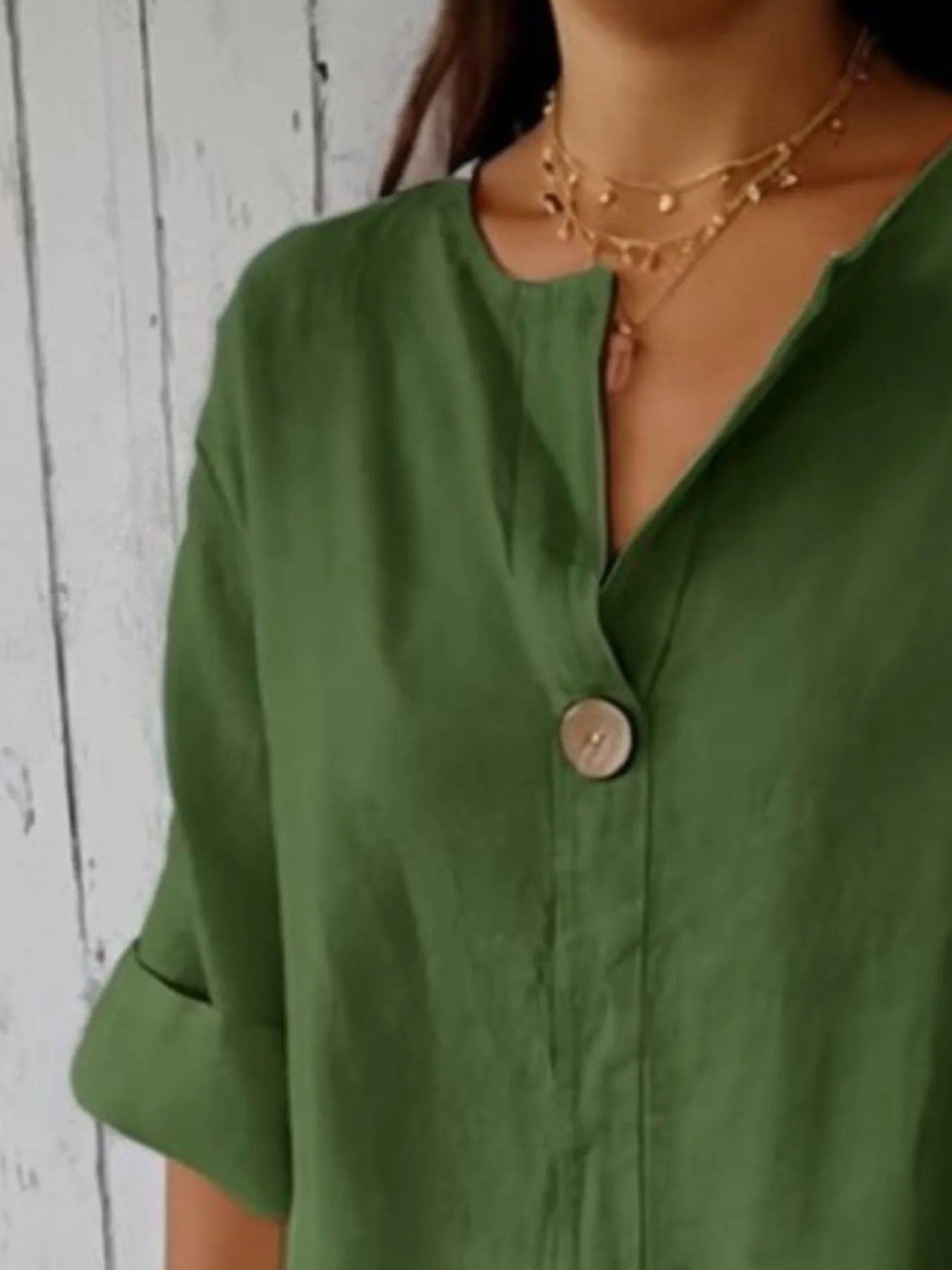 Full Size Linen Blend Notched Blouse Plus Size - Lookzlike