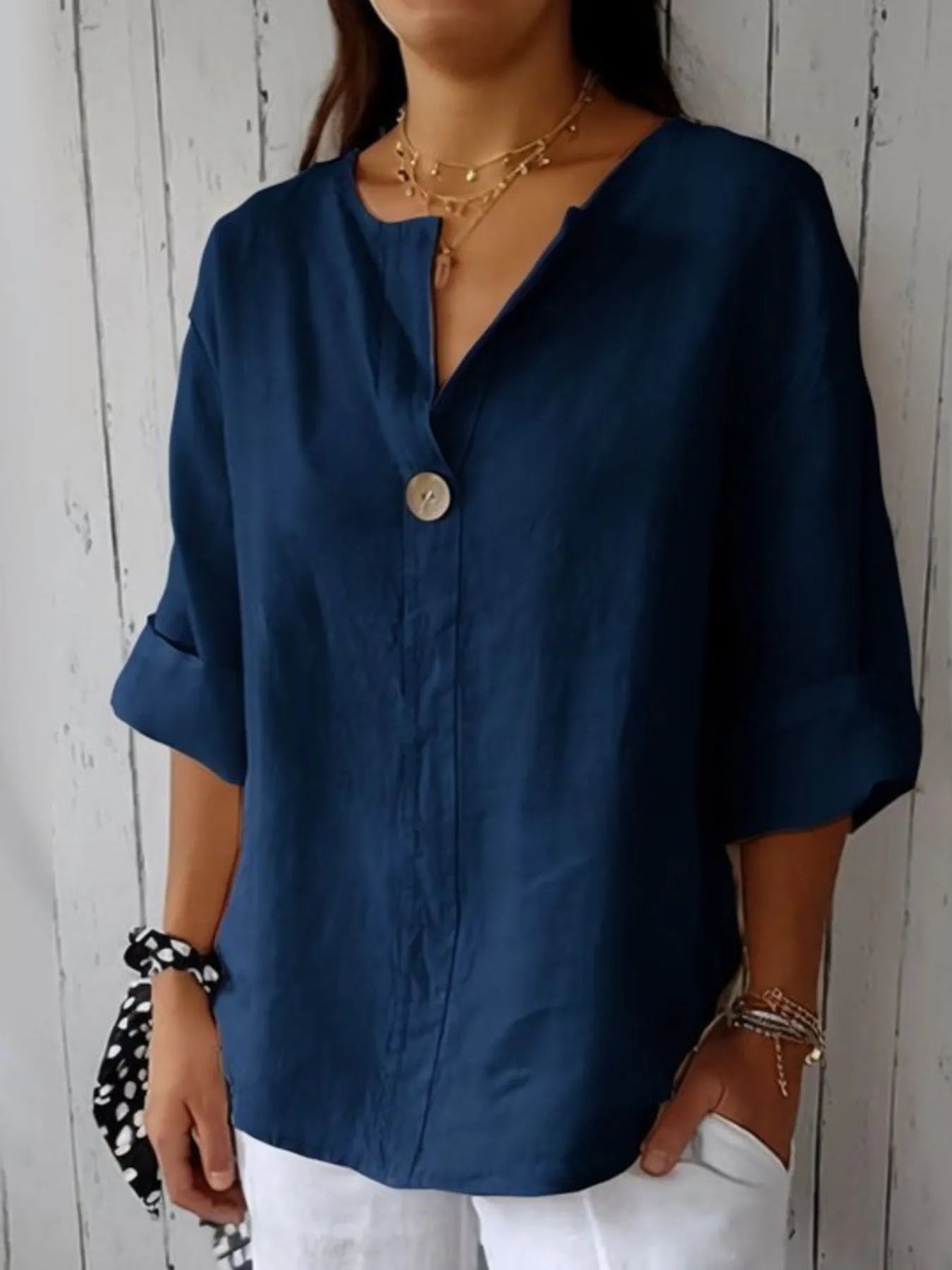 Full Size Linen Blend Notched Blouse Plus Size - Lookzlike