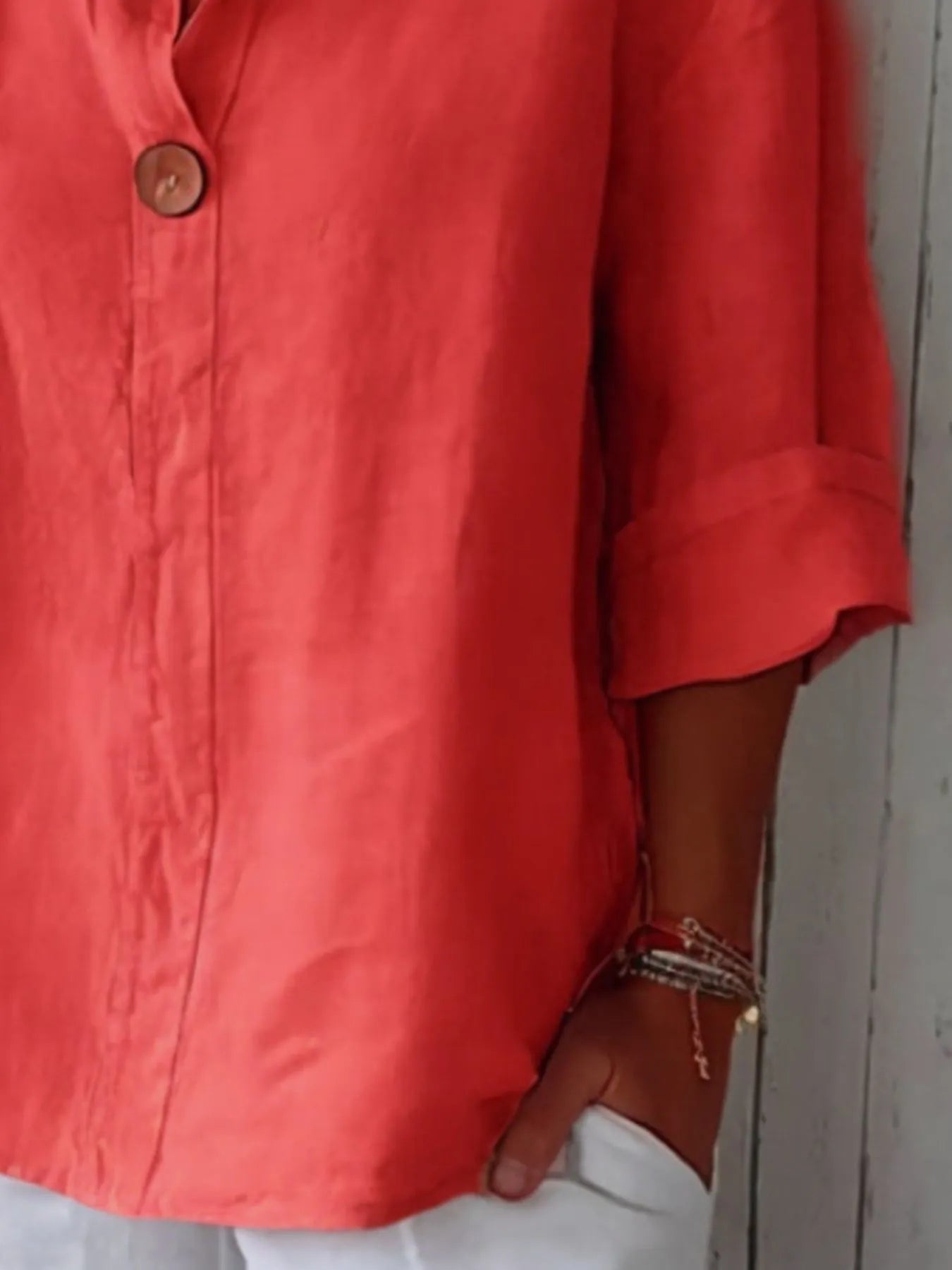 Full Size Linen Blend Notched Blouse Plus Size - Lookzlike