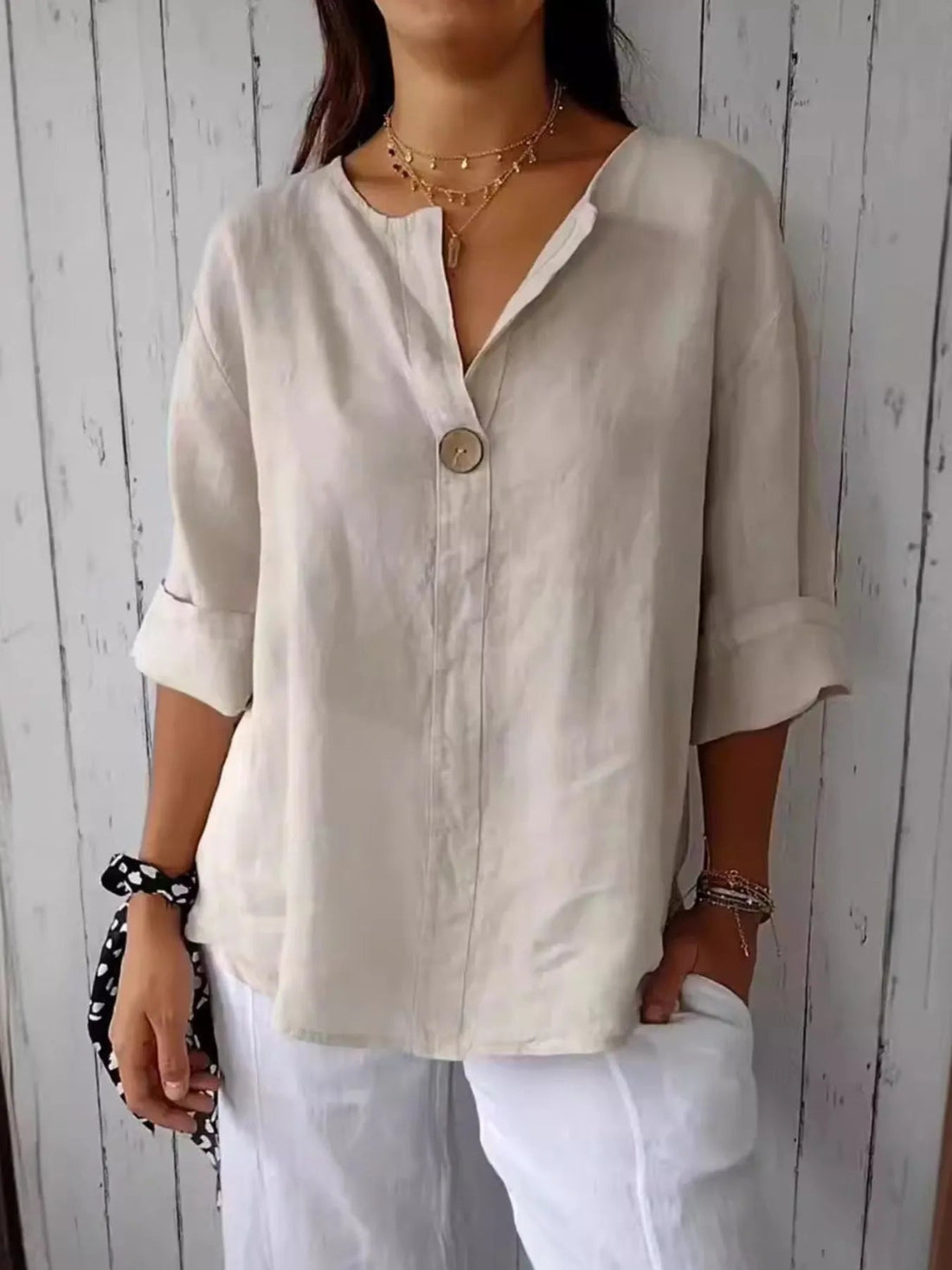 Full Size Linen Blend Notched Blouse Plus Size - Lookzlike