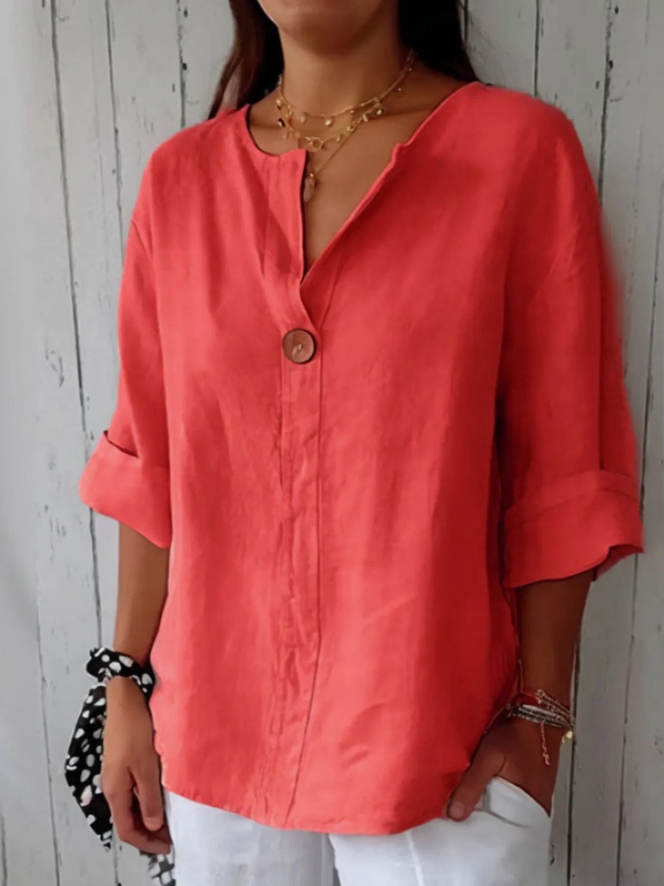 Full Size Linen Blend Notched Blouse Plus Size - Lookzlike