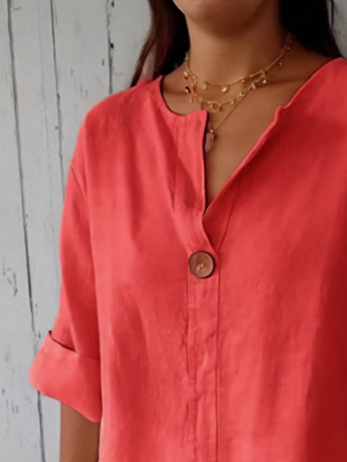 Full Size Linen Blend Notched Blouse Plus Size - Lookzlike