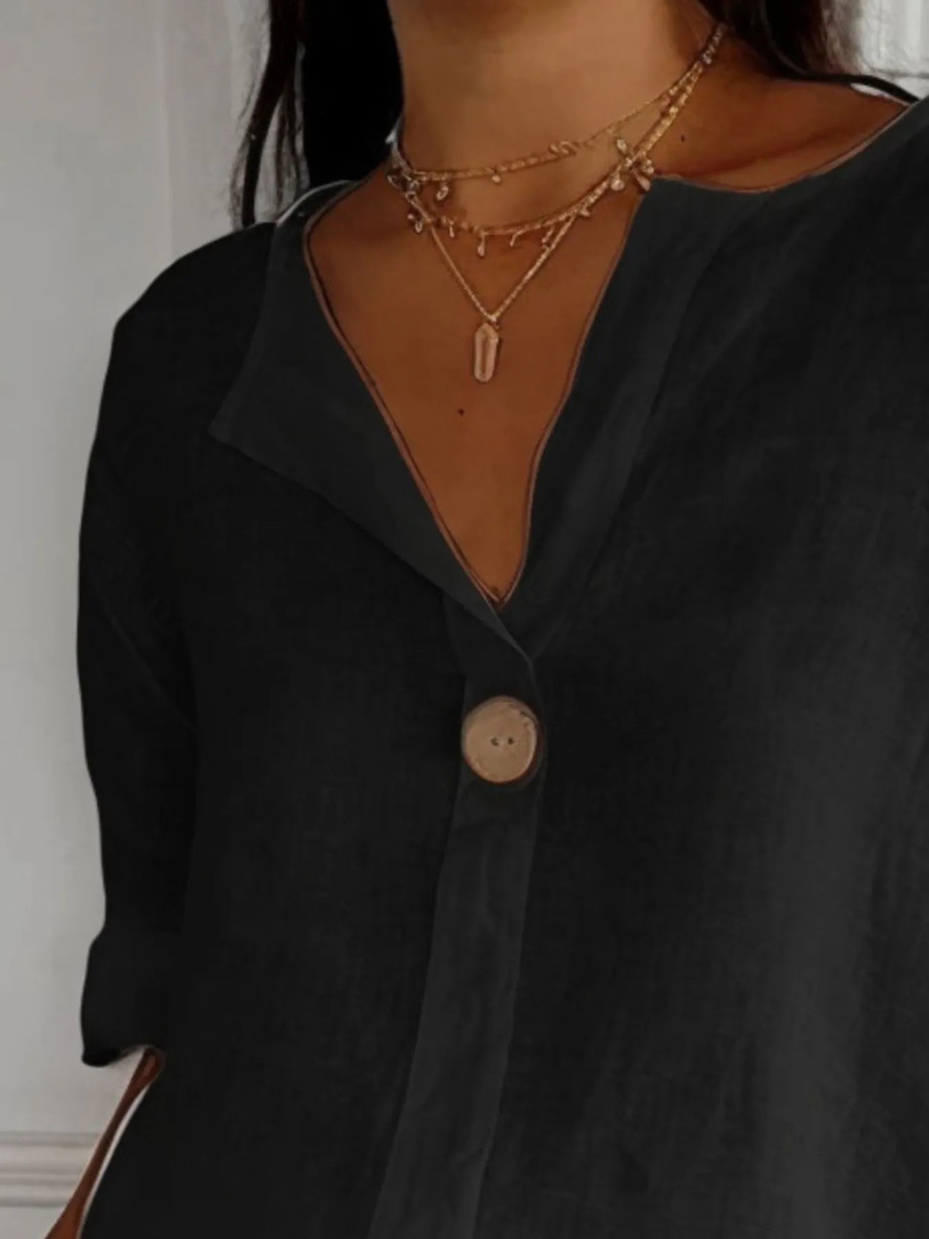 Full Size Linen Blend Notched Blouse Plus Size - Lookzlike