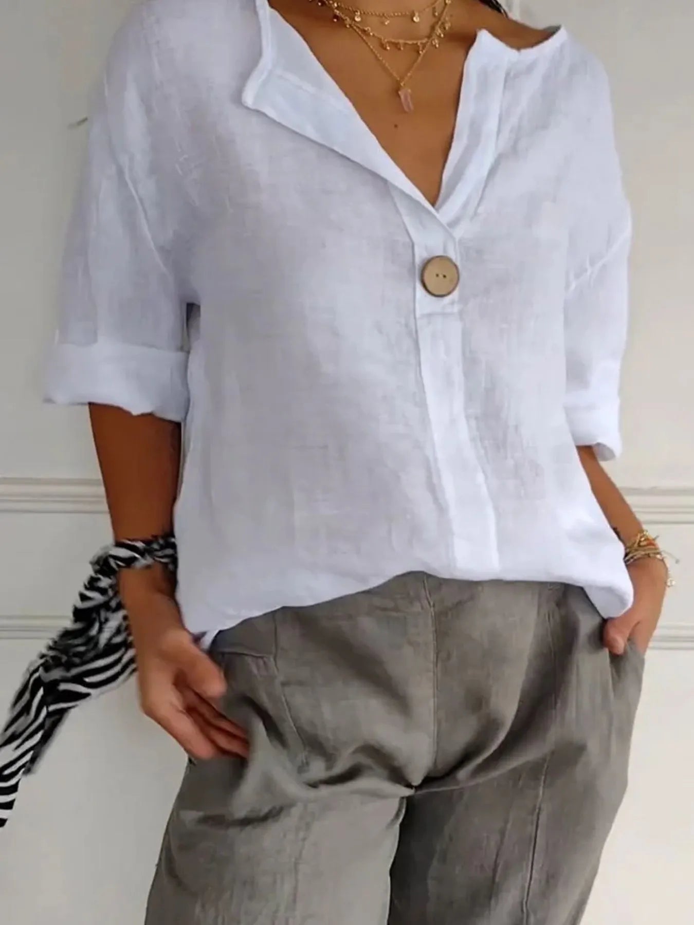 Full Size Linen Blend Notched Blouse Plus Size - Lookzlike