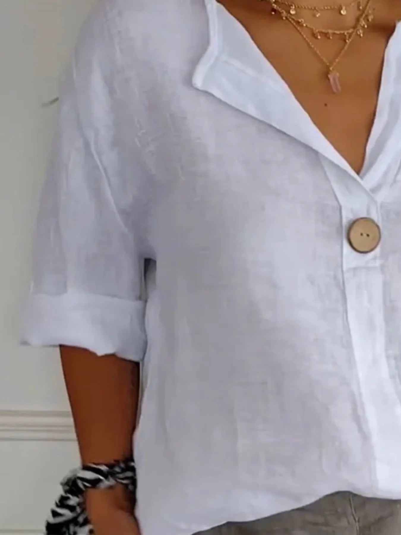 Full Size Linen Blend Notched Blouse Plus Size - Lookzlike