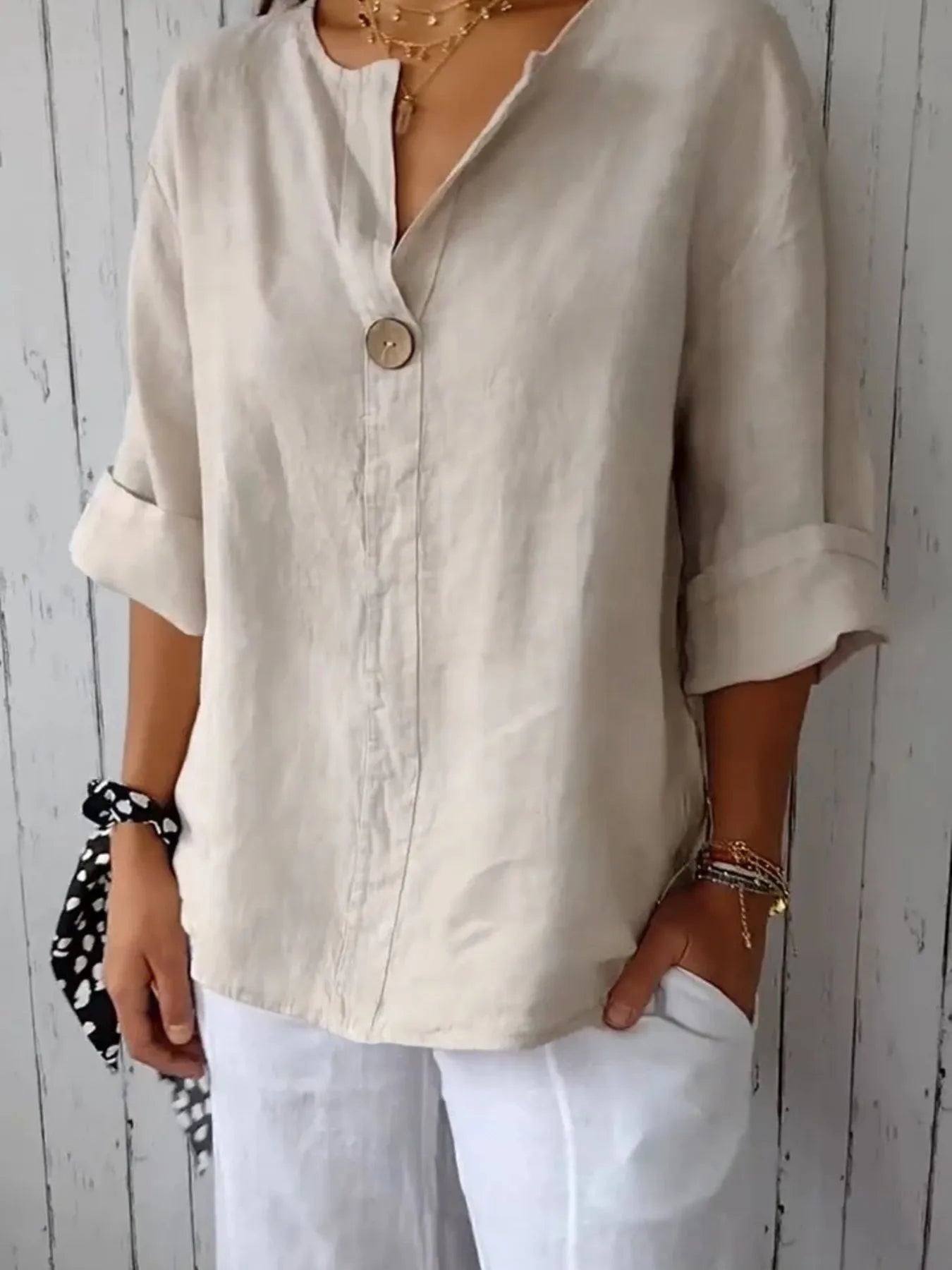 Full Size Linen Blend Notched Blouse Plus Size - Lookzlike