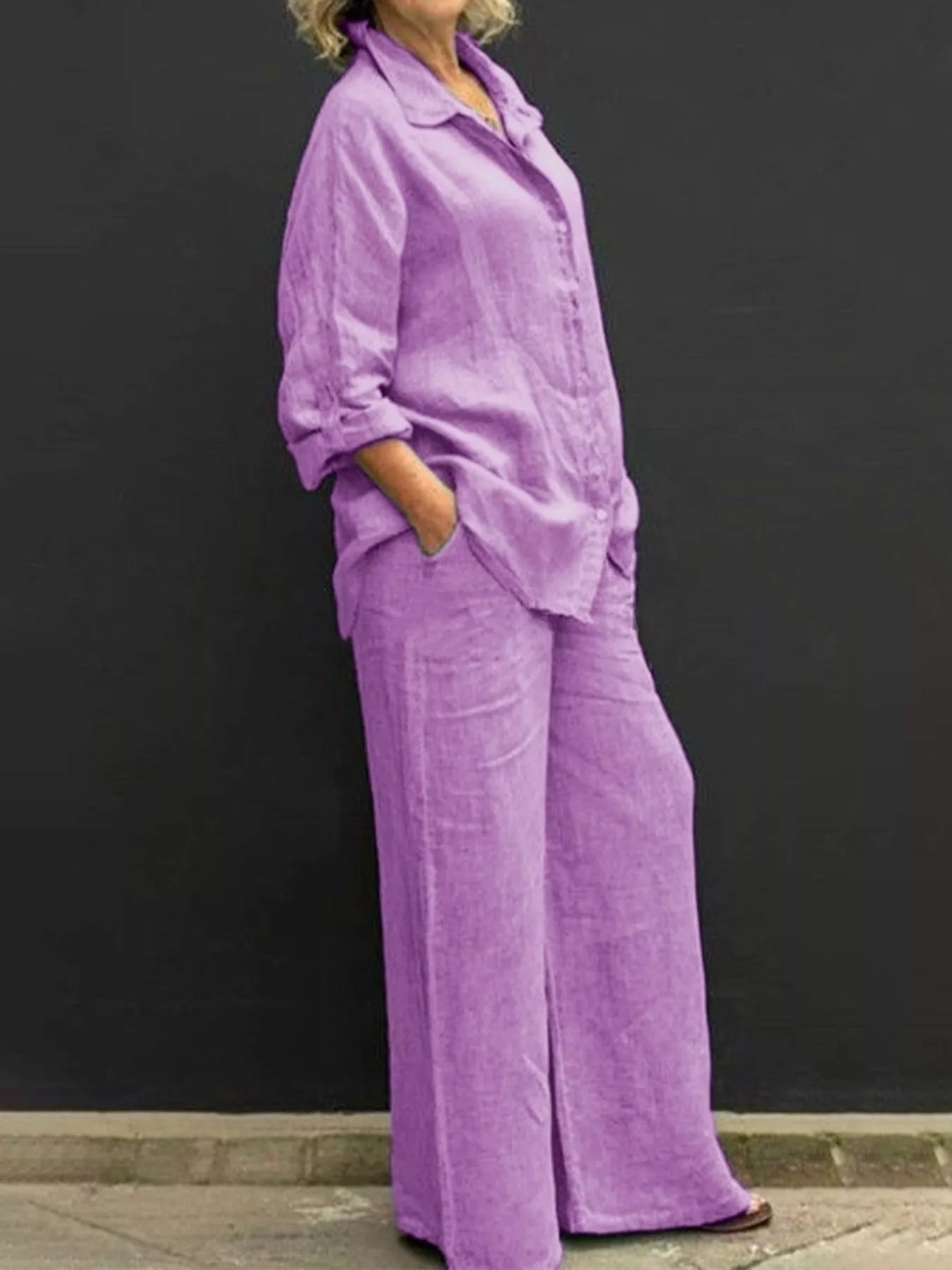 Full Size Long Sleeve Shirt and Pants Set Plus Size designed for comfort and style at Lookzlike