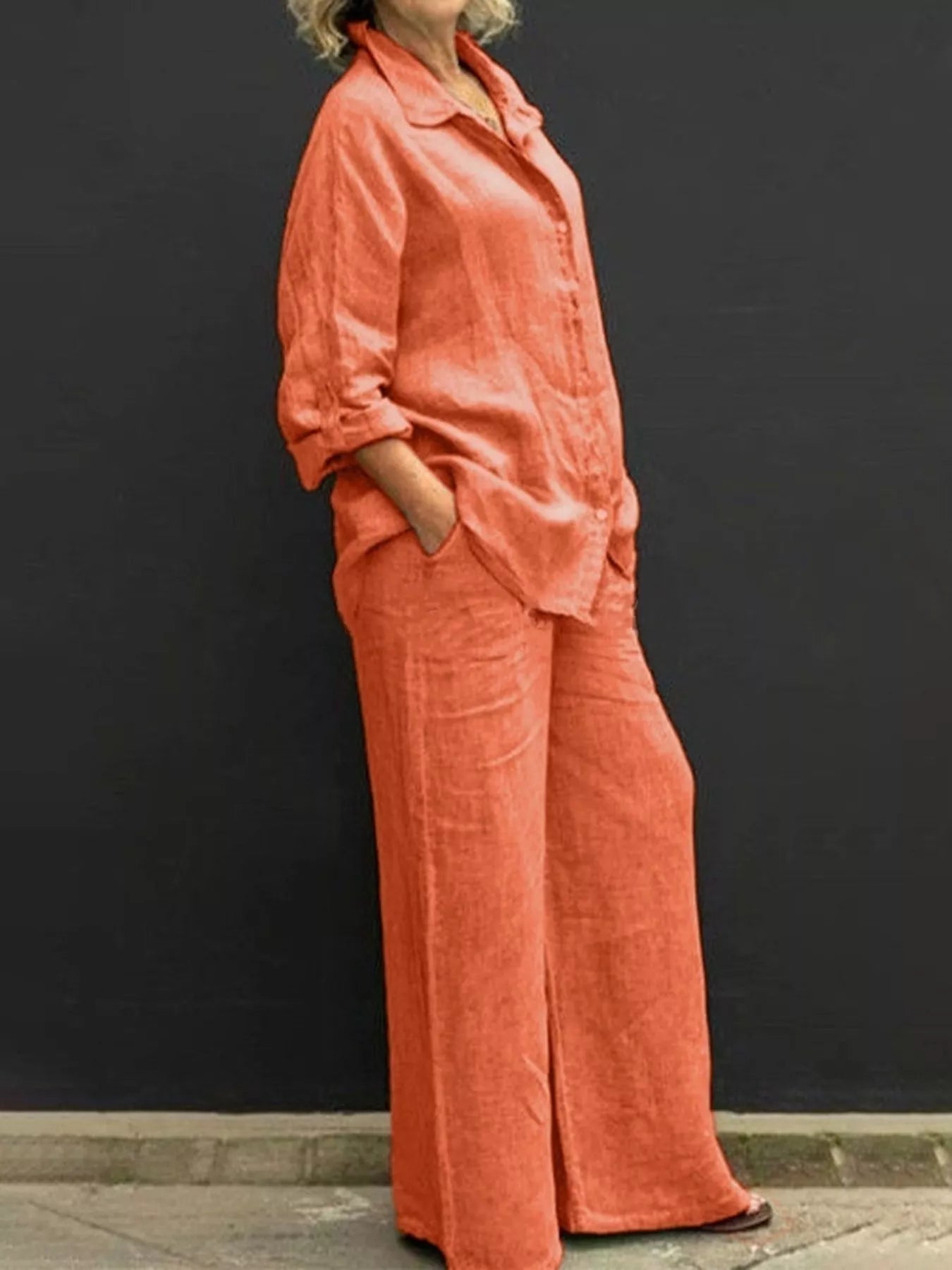 Full Size Long Sleeve Shirt and Pants Set Plus Size designed for comfort and style at Lookzlike