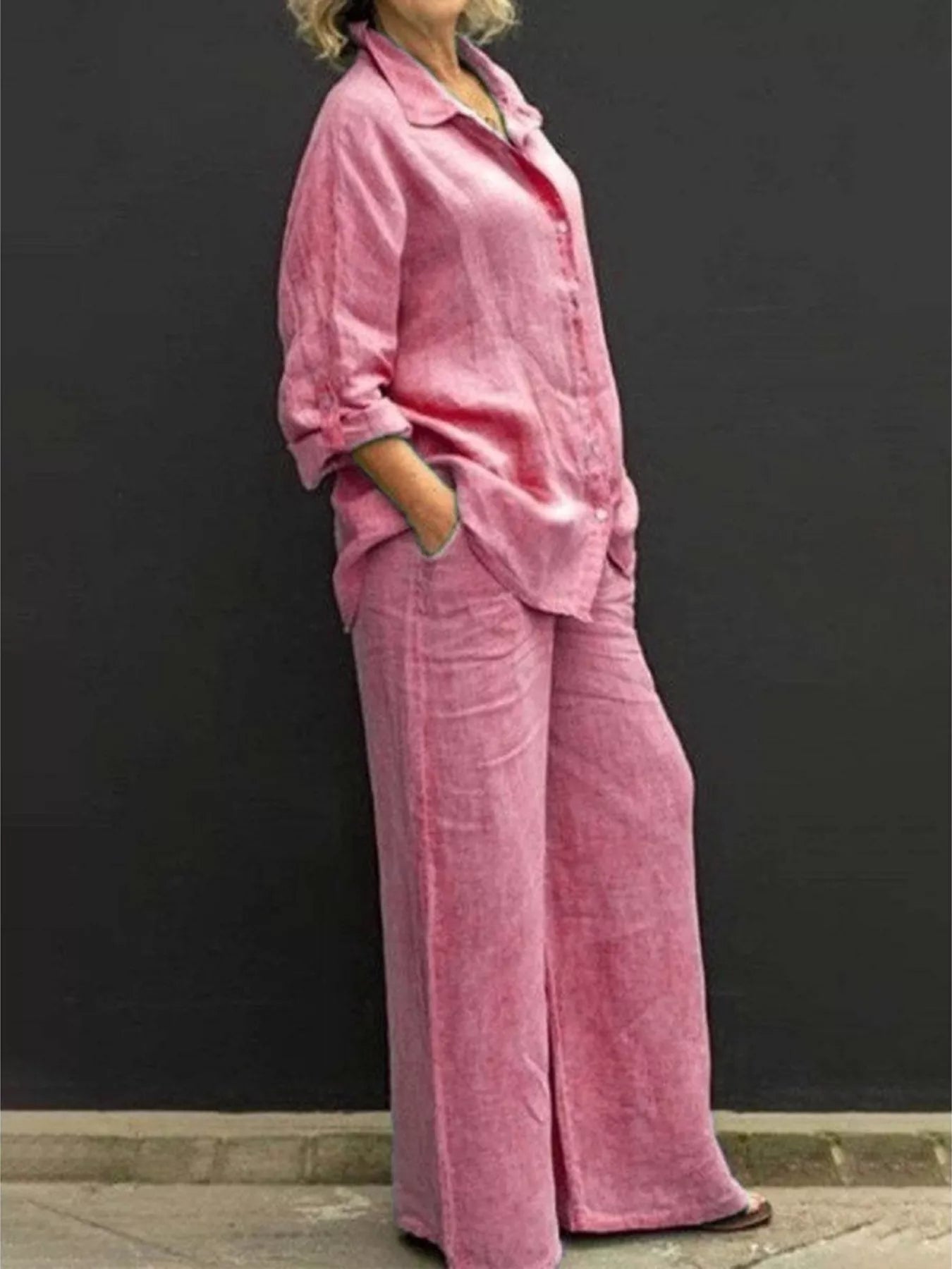 Full Size Long Sleeve Shirt and Pants Set Plus Size designed for comfort and style at Lookzlike