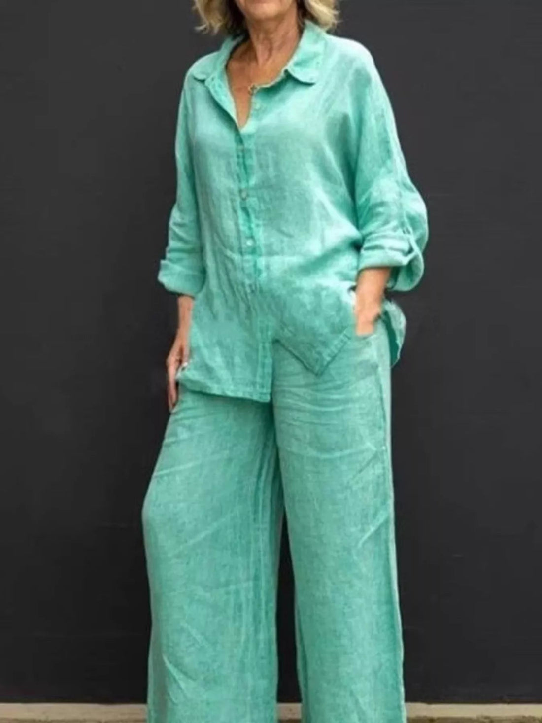 Full Size Long Sleeve Shirt and Pants Set Plus Size designed for comfort and style at Lookzlike