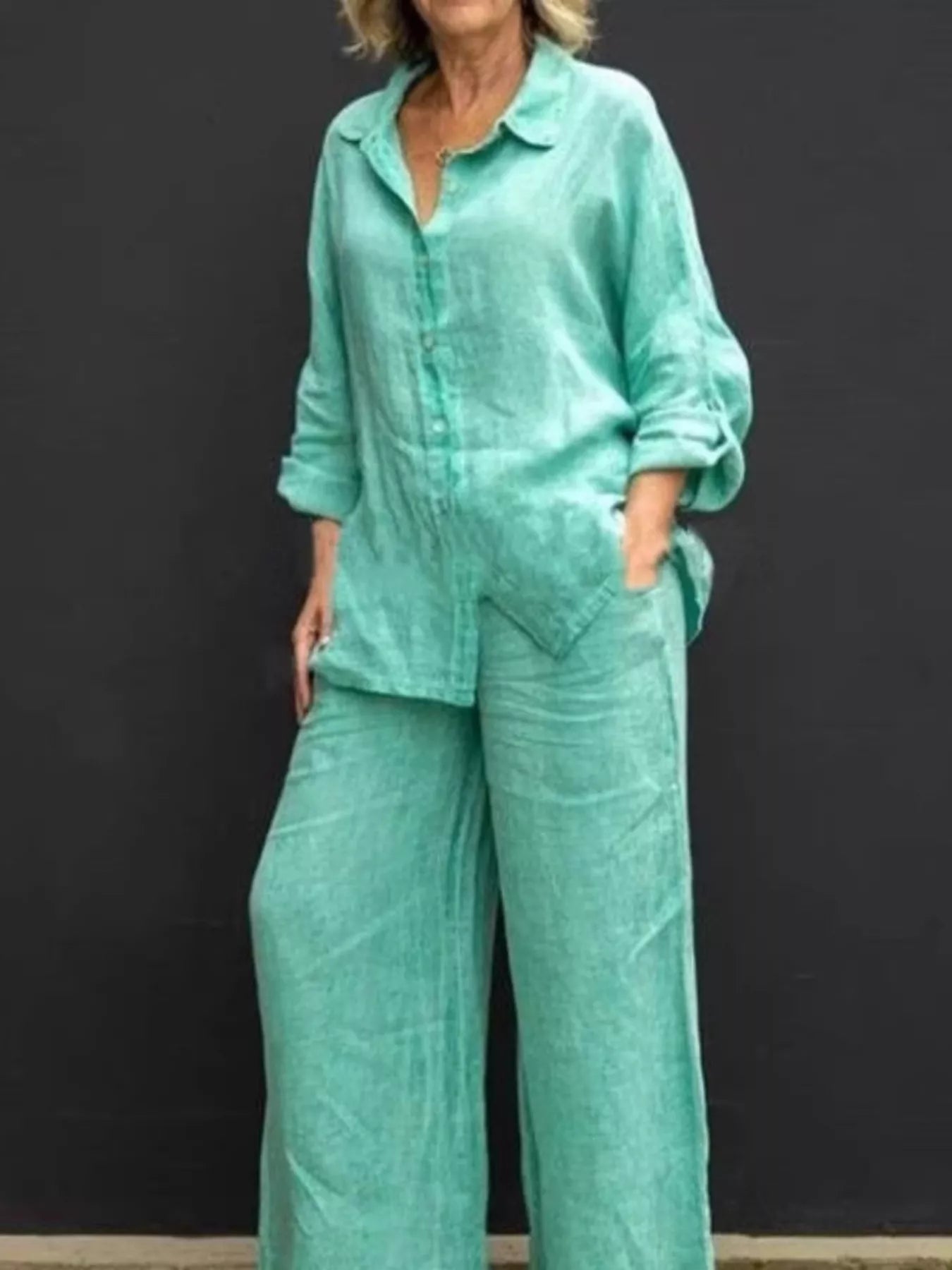 Full Size Long Sleeve Shirt and Pants Set Plus Size designed for comfort and style at Lookzlike