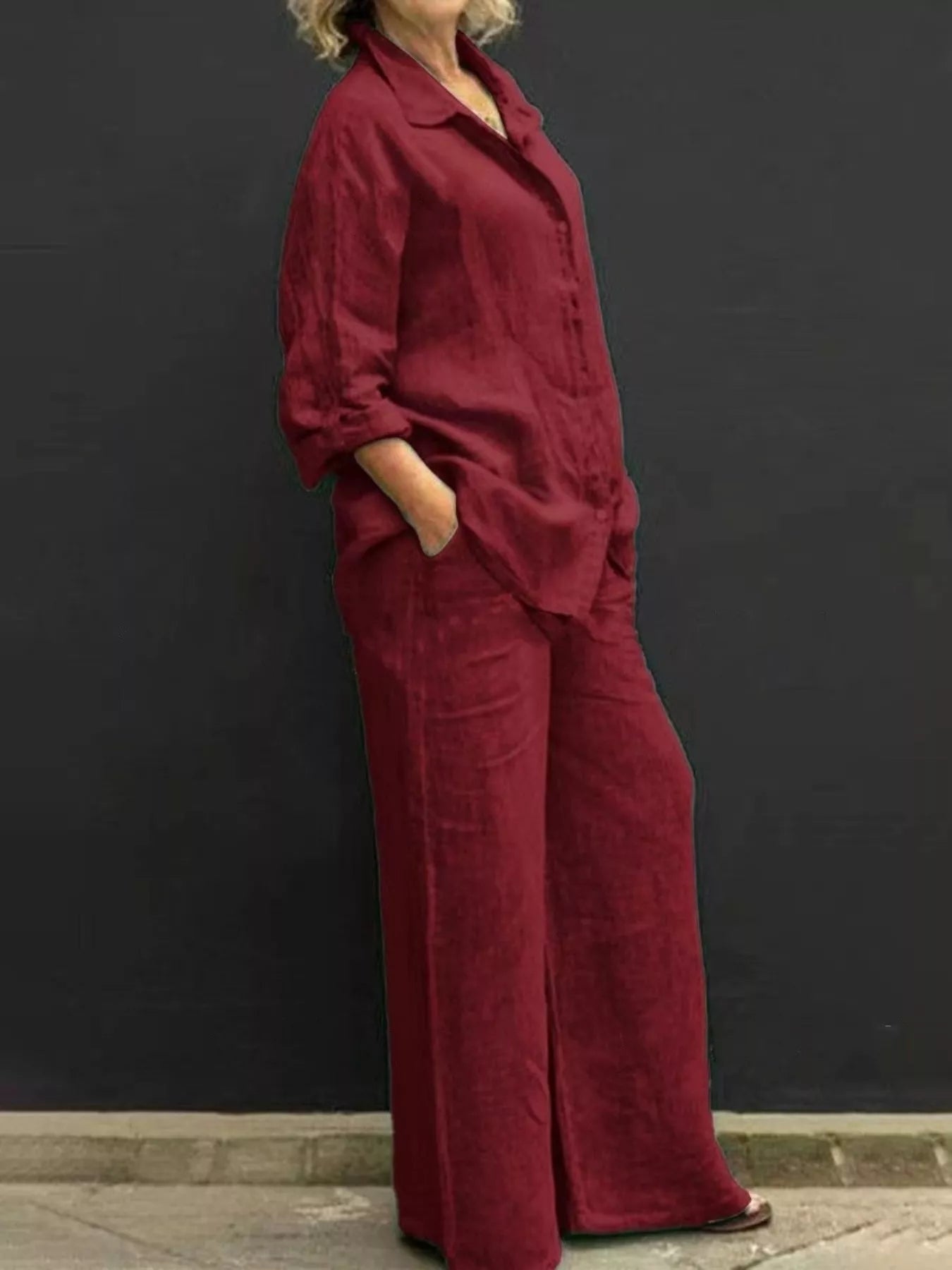 Full Size Long Sleeve Shirt and Pants Set Plus Size designed for comfort and style at Lookzlike