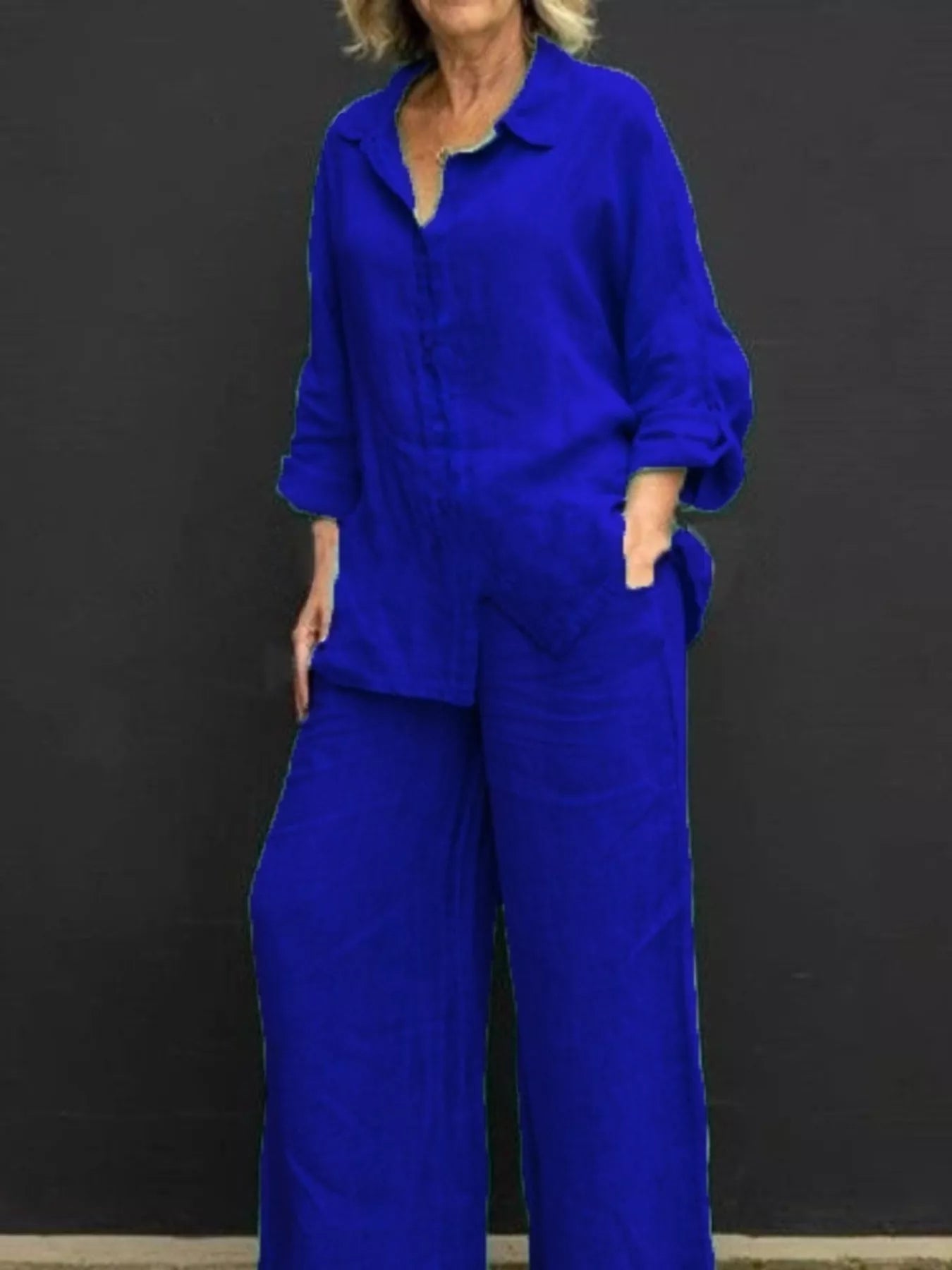 Full Size Long Sleeve Shirt and Pants Set Plus Size designed for comfort and style at Lookzlike