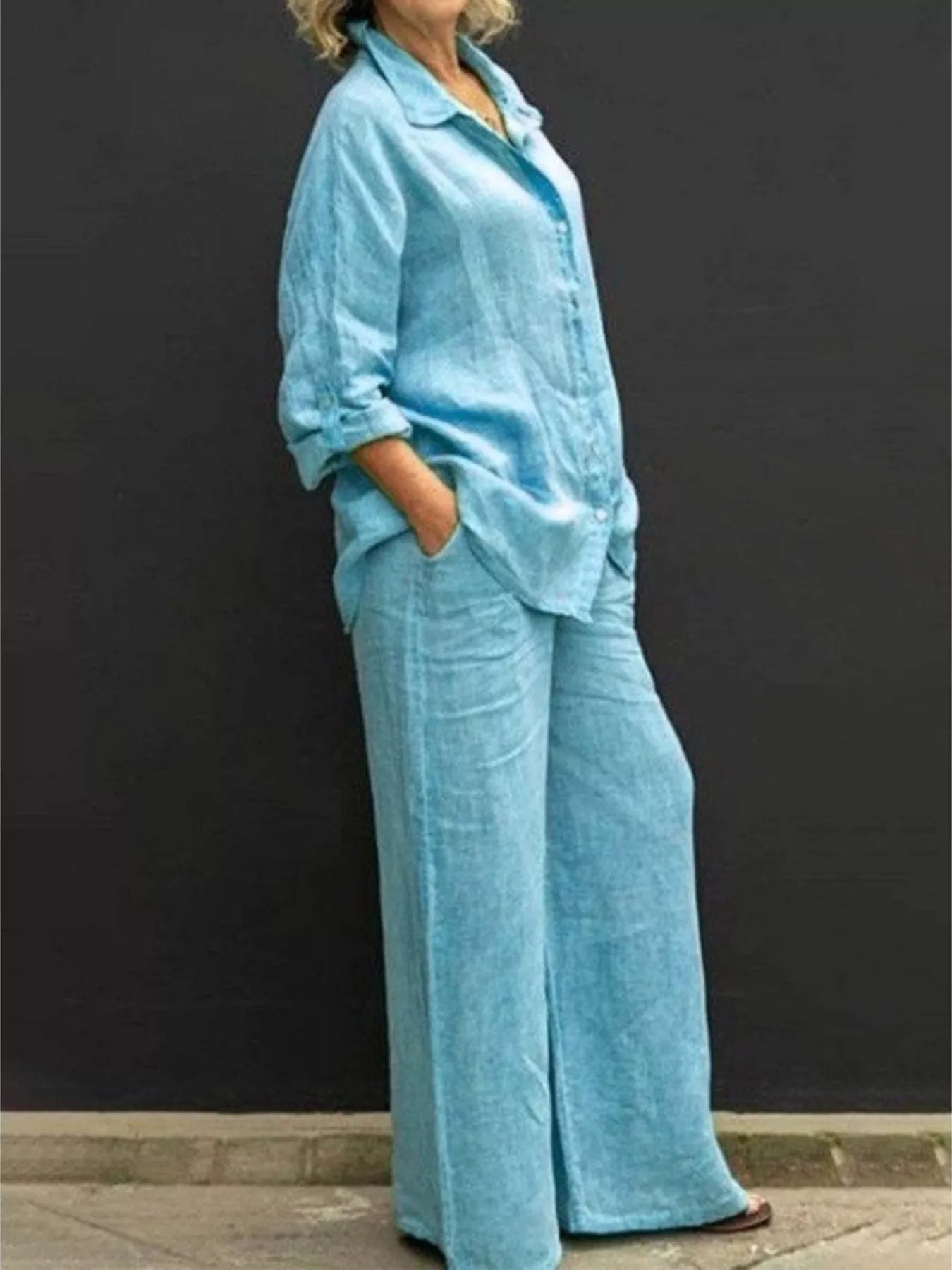 Full Size Long Sleeve Shirt and Pants Set Plus Size designed for comfort and style at Lookzlike
