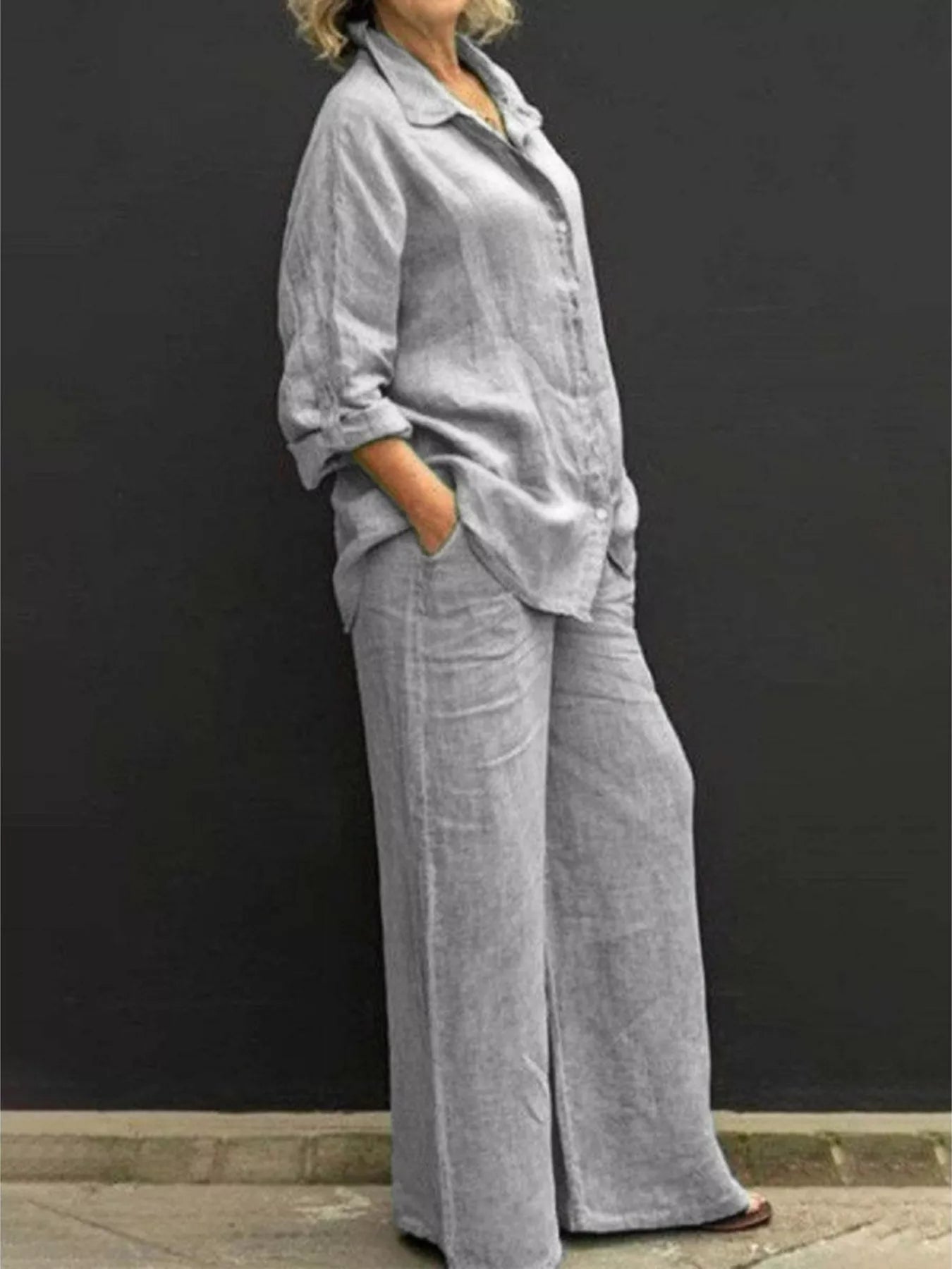 Full Size Long Sleeve Shirt and Pants Set Plus Size designed for comfort and style at Lookzlike