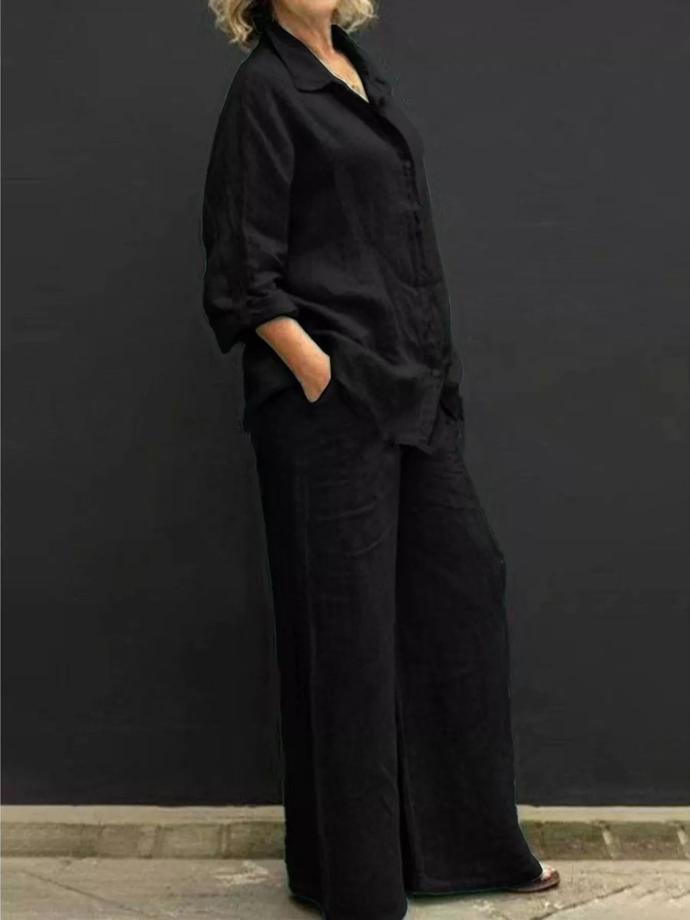 Full Size Long Sleeve Shirt and Pants Set Plus Size designed for comfort and style at Lookzlike